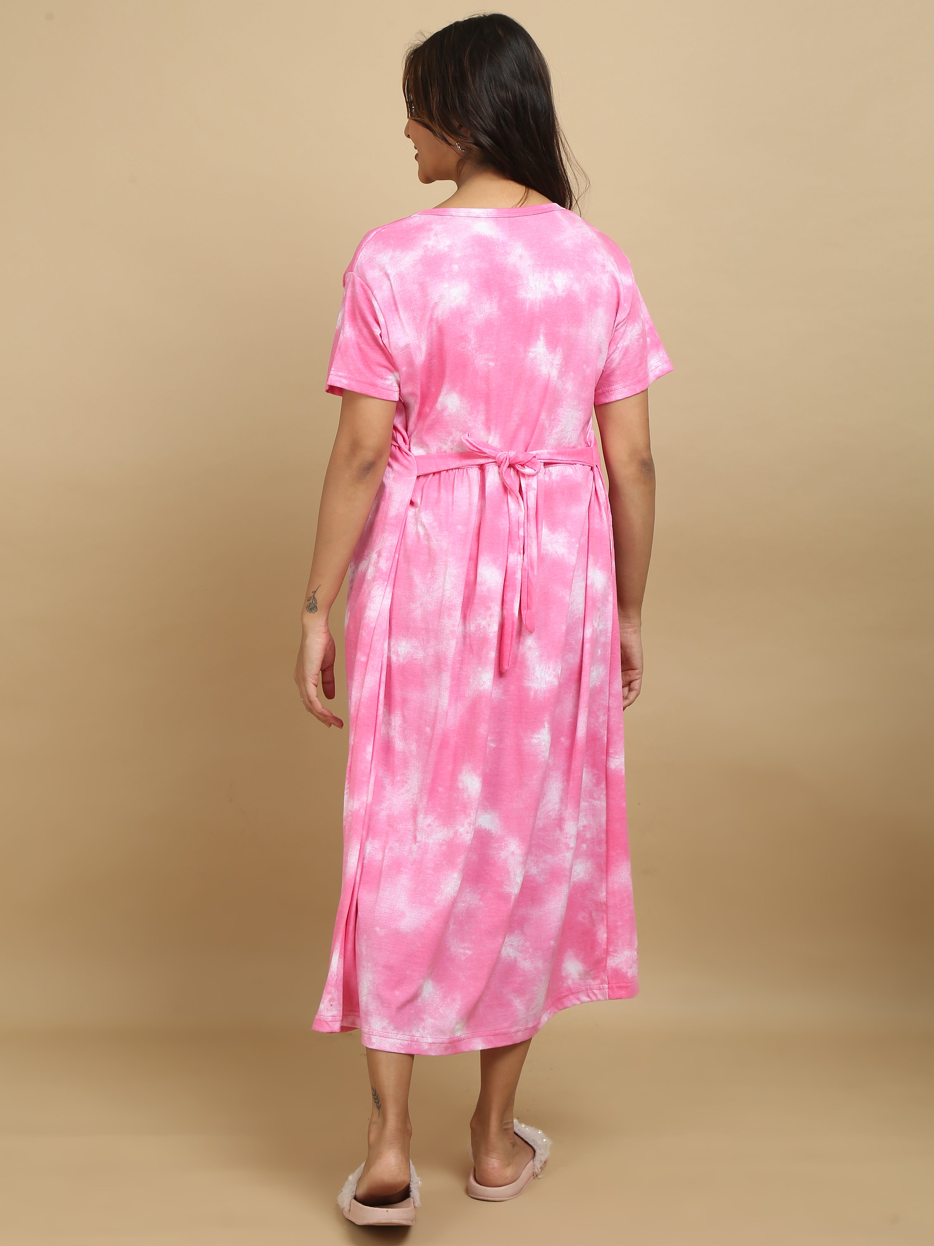 Non Feeding Pink Tie-Dye Daily Wear Casual Midi Dress