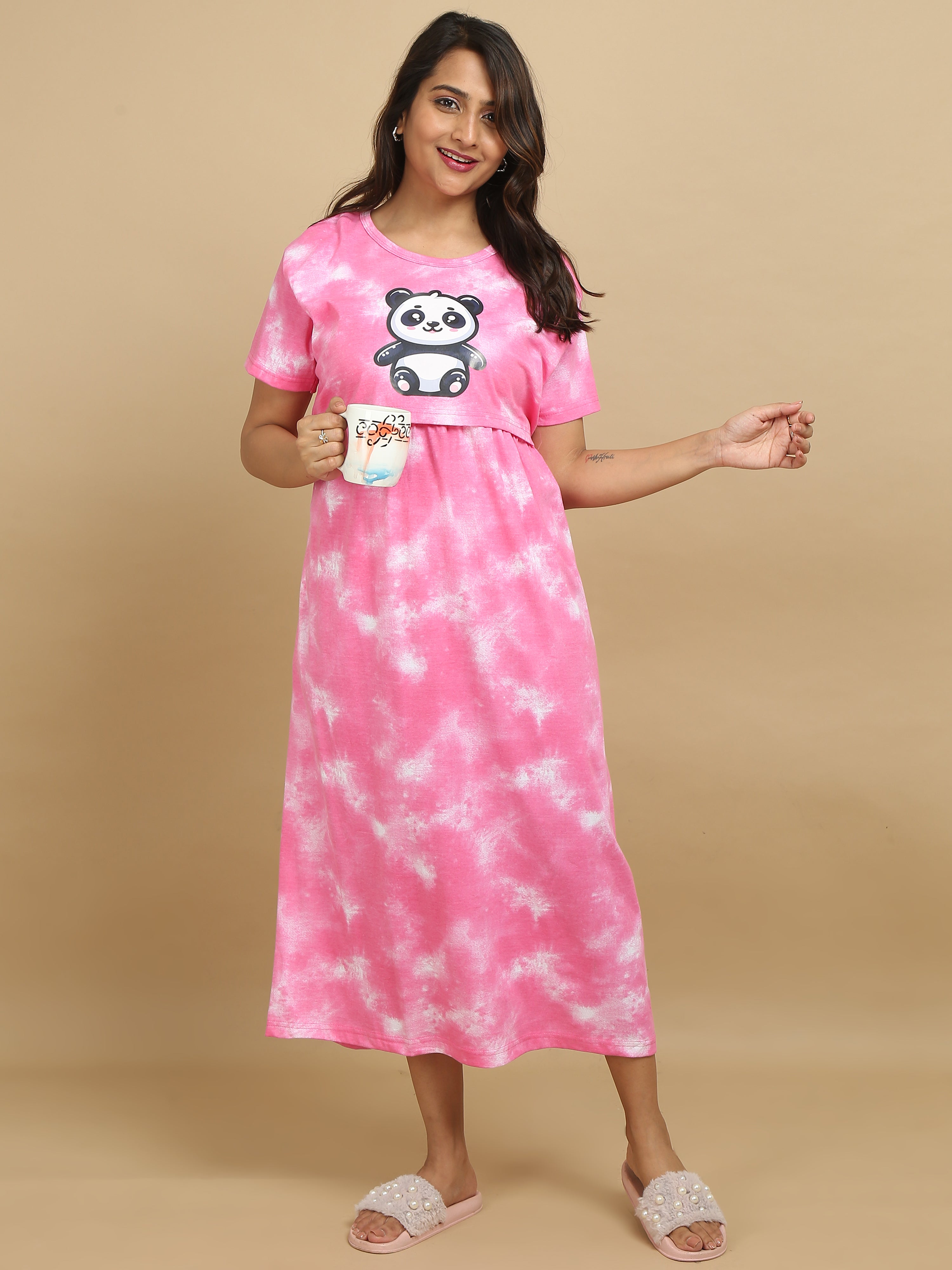 Non Feeding Pink Tie-Dye Daily Wear Casual Midi Dress