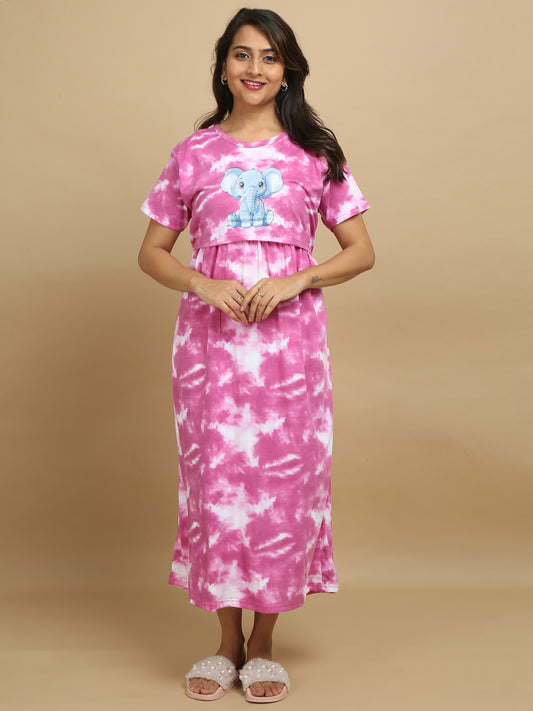 Zipless Feeding Maternity Dress - Magenta Tie & Dye - Elephant Print