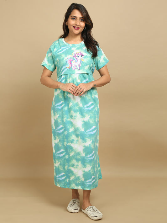 Zipless Feeding Maternity Dress - Green Tie & Dye - Unicorn Print