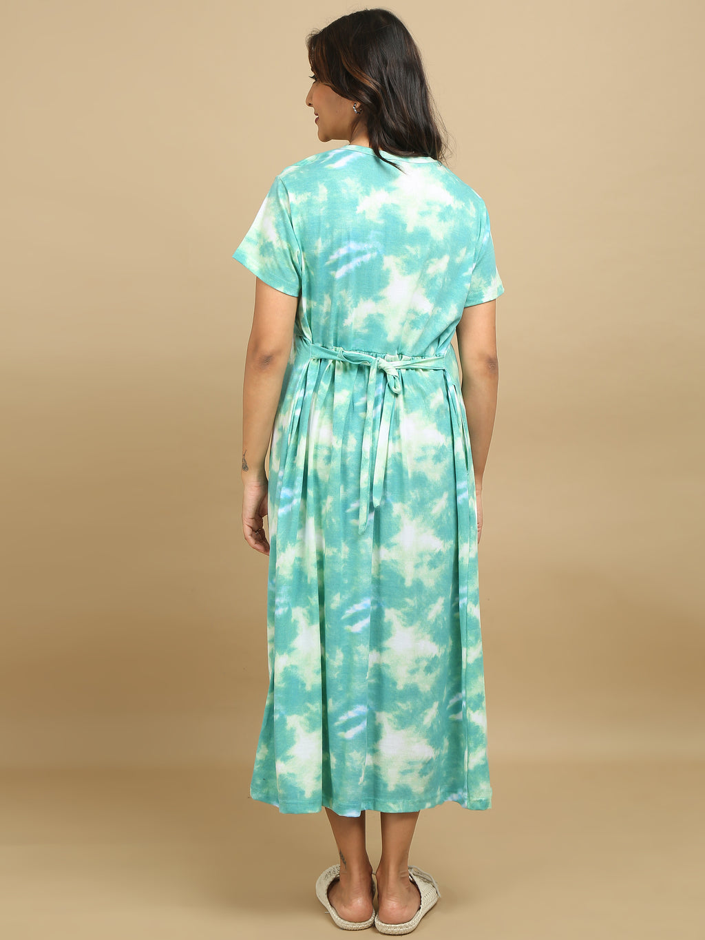 Zipless Feeding Maternity Dress - Green Tie & Dye - Unicorn Print