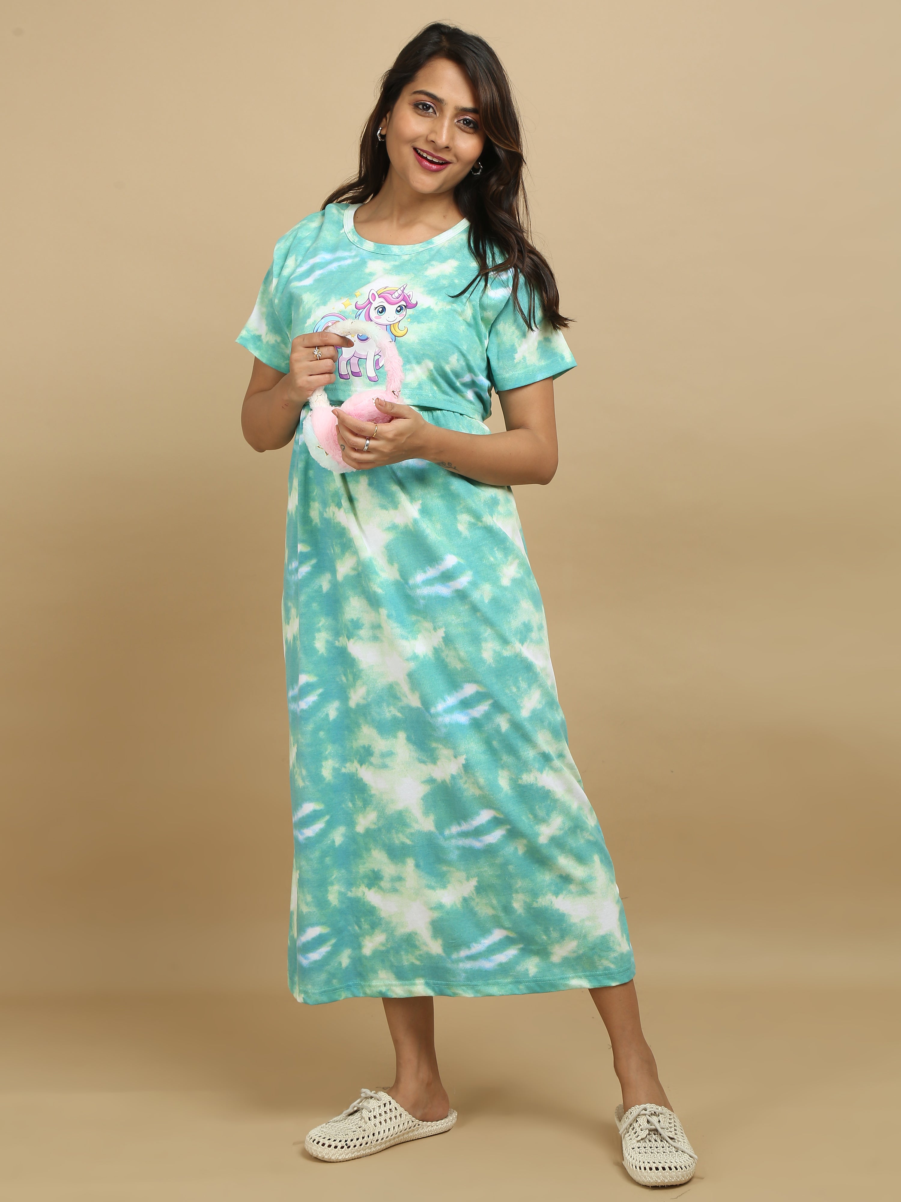 Zipless Feeding Maternity Dress - Green Tie & Dye - Unicorn Print