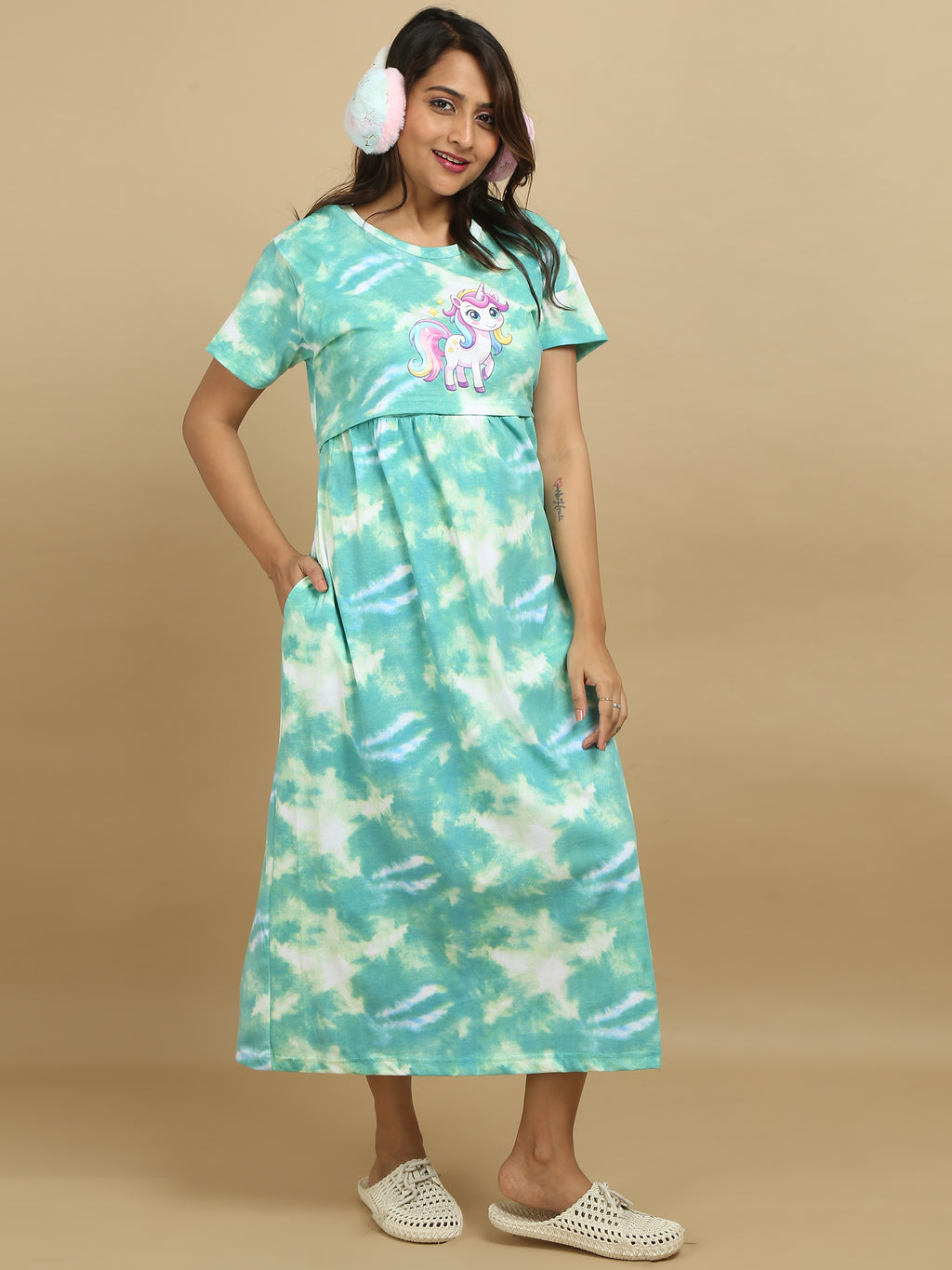 Zipless Feeding Maternity Dress - Green Tie & Dye - Unicorn Print