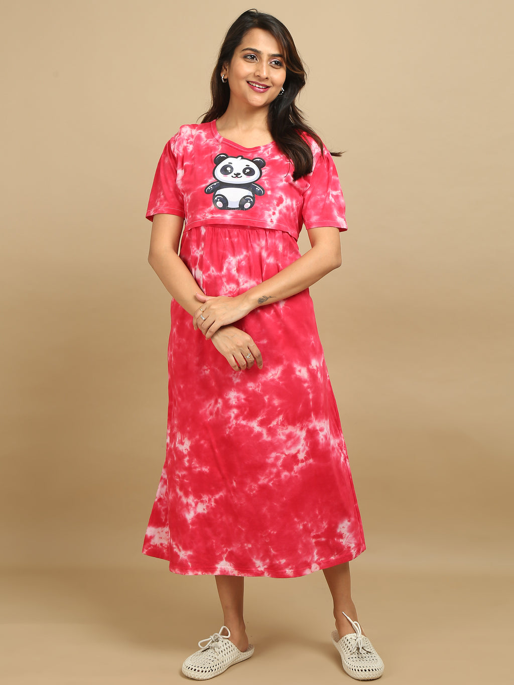 Zipless Feeding Maternity Dress - Red Tie & Dye - Panda Print