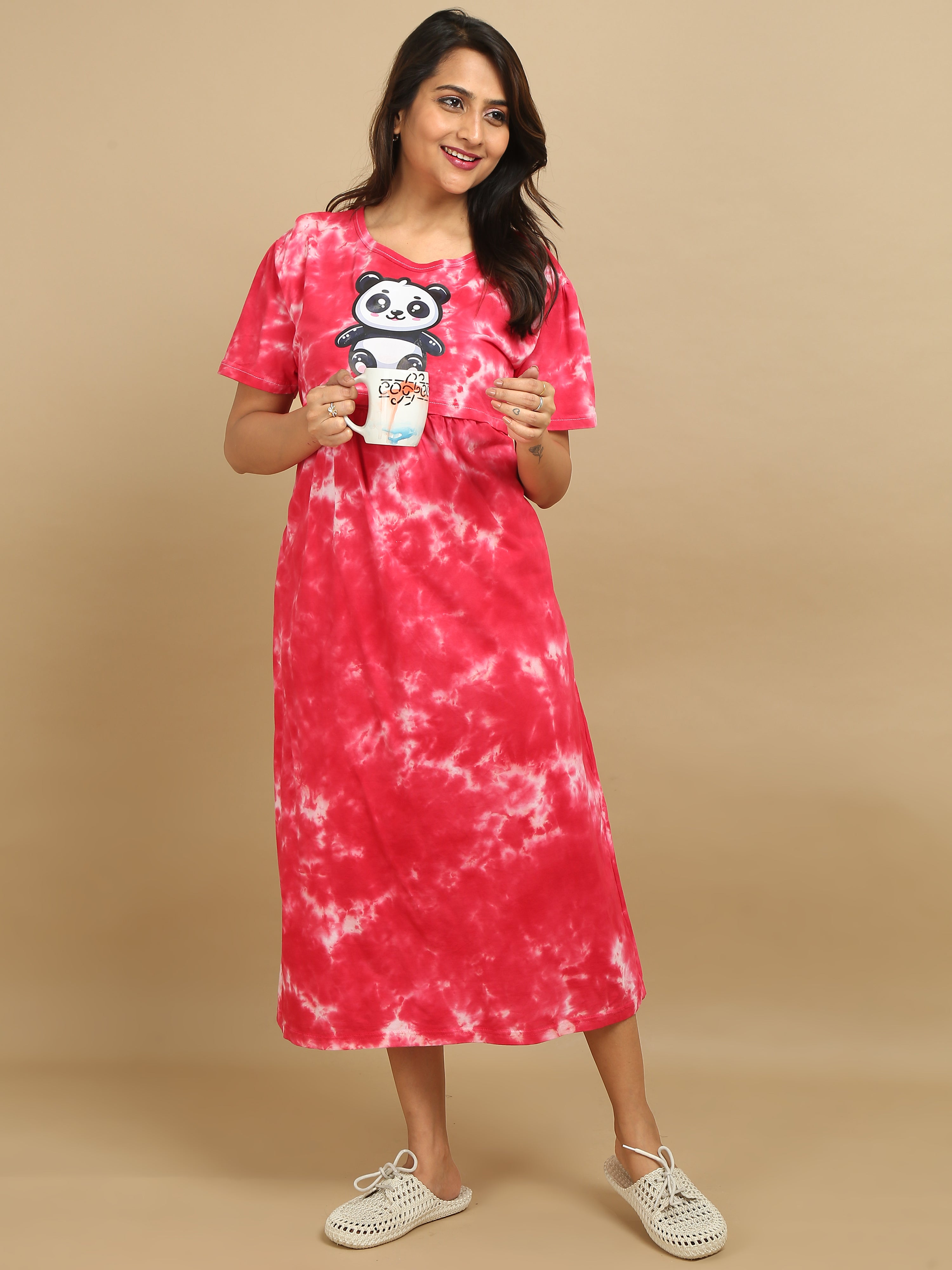 Zipless Feeding Maternity Dress - Red Tie & Dye - Panda Print