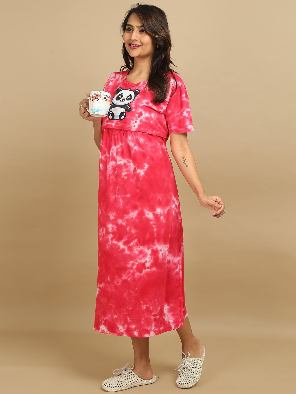 Zipless Feeding Maternity Dress - Red Tie & Dye - Panda Print