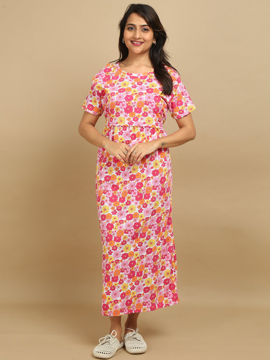 Zipless Feeding Maternity Dress - Floral Pink