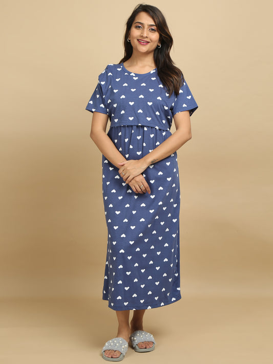 Zipless Feeding Maternity Dress Navy Blue - Heart Print