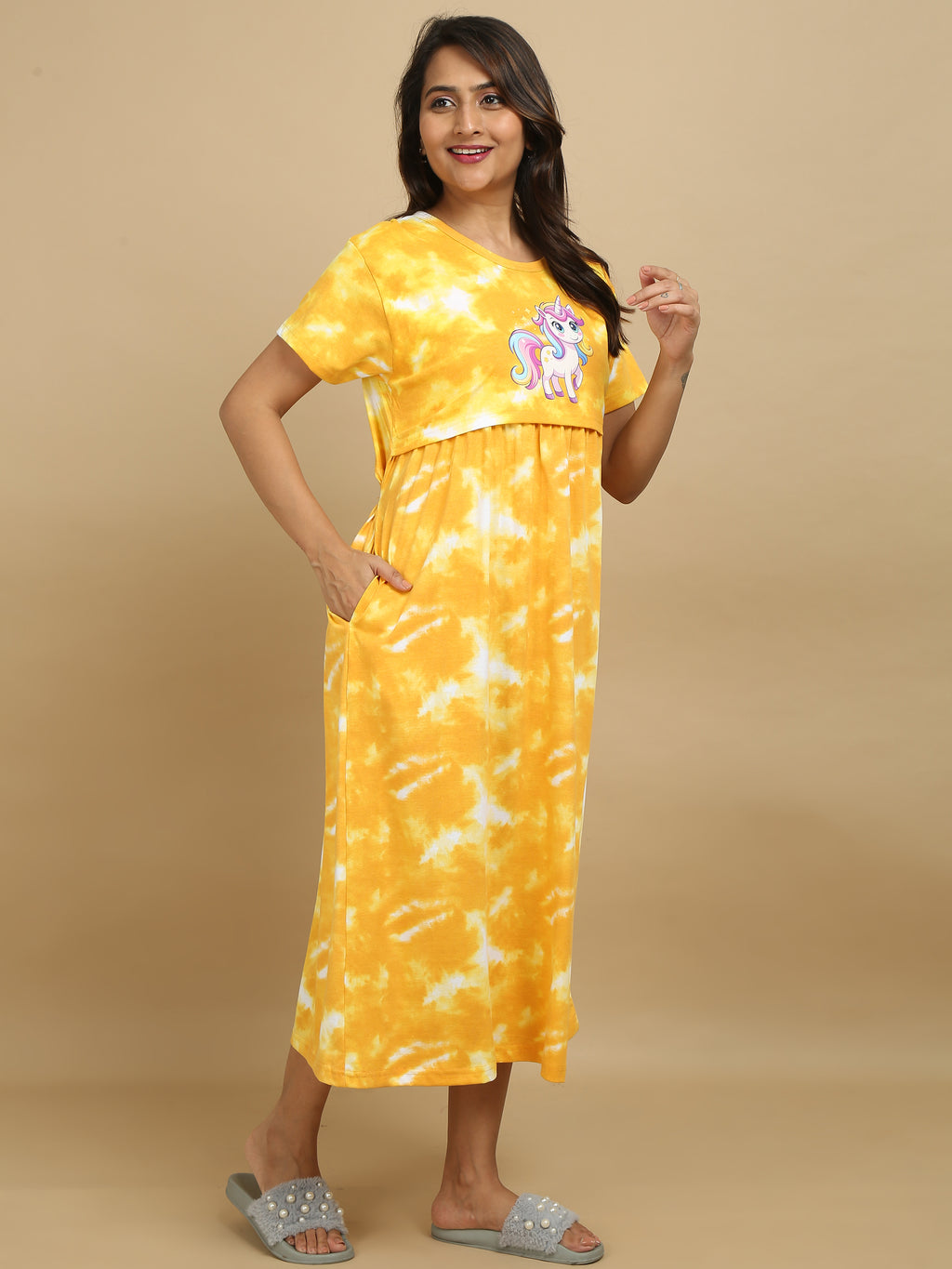 Zipless Feeding Maternity Dress - Yellow Tie - Dye Unicorn Print