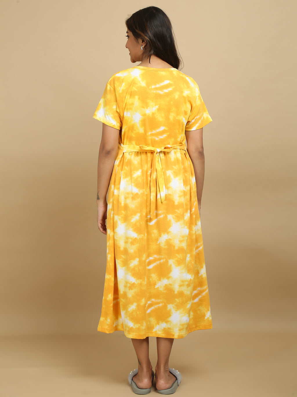 Zipless Feeding Maternity Dress - Yellow Tie - Dye Unicorn Print