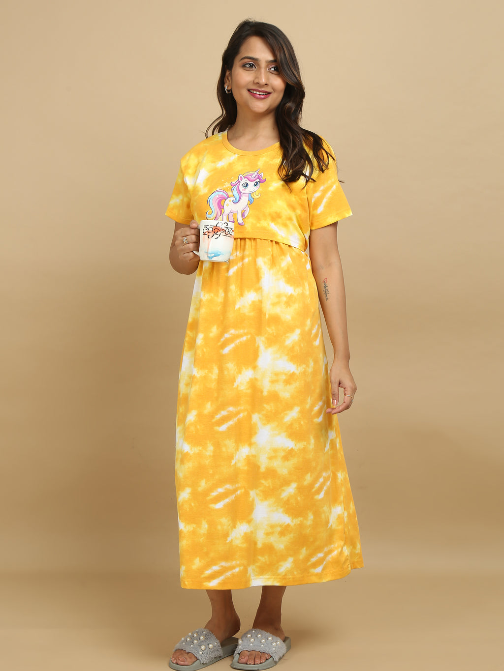 Zipless Feeding Maternity Dress - Yellow Tie - Dye Unicorn Print
