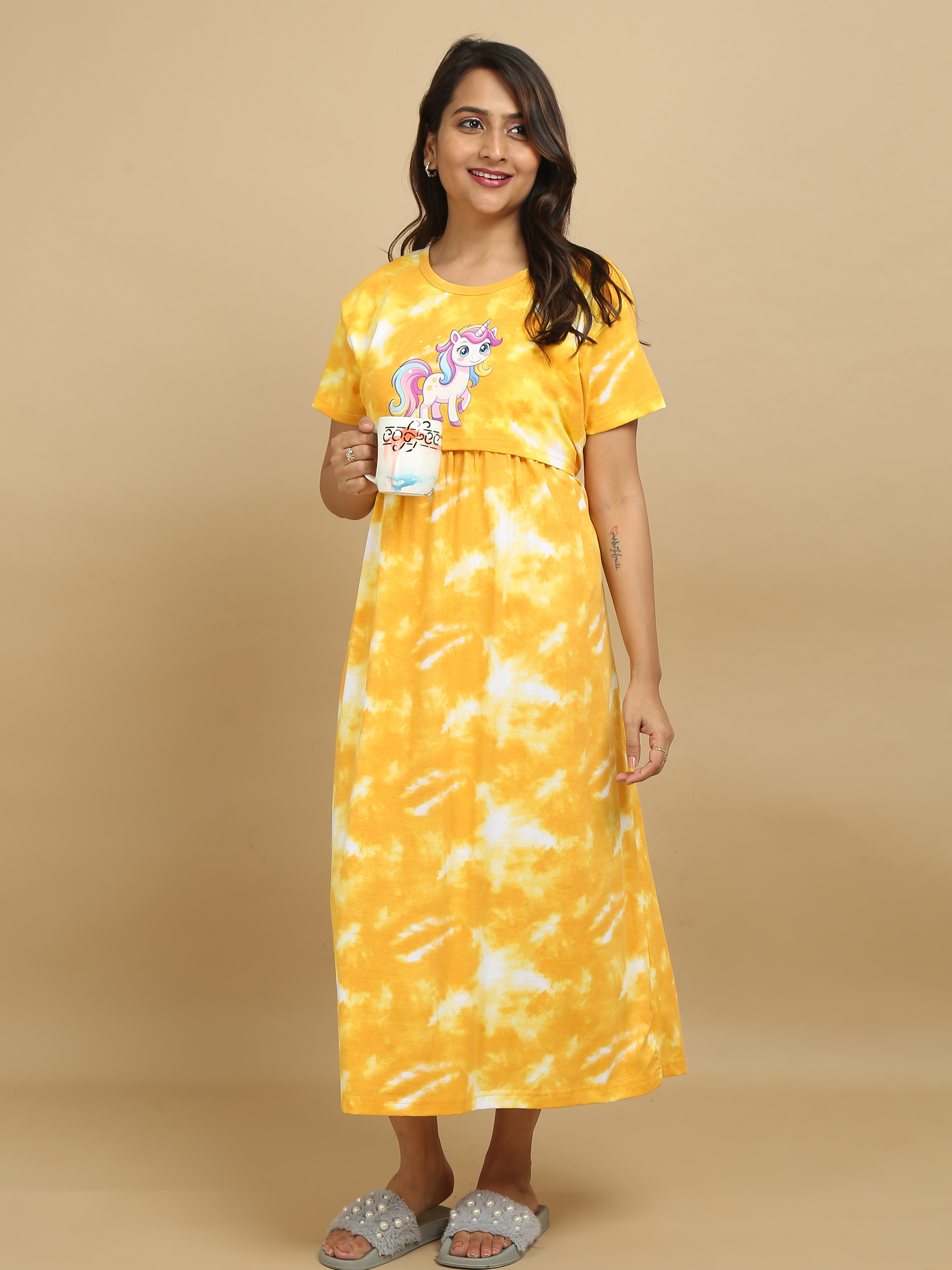 Zipless Feeding Maternity Dress - Yellow Tie - Dye Unicorn Print