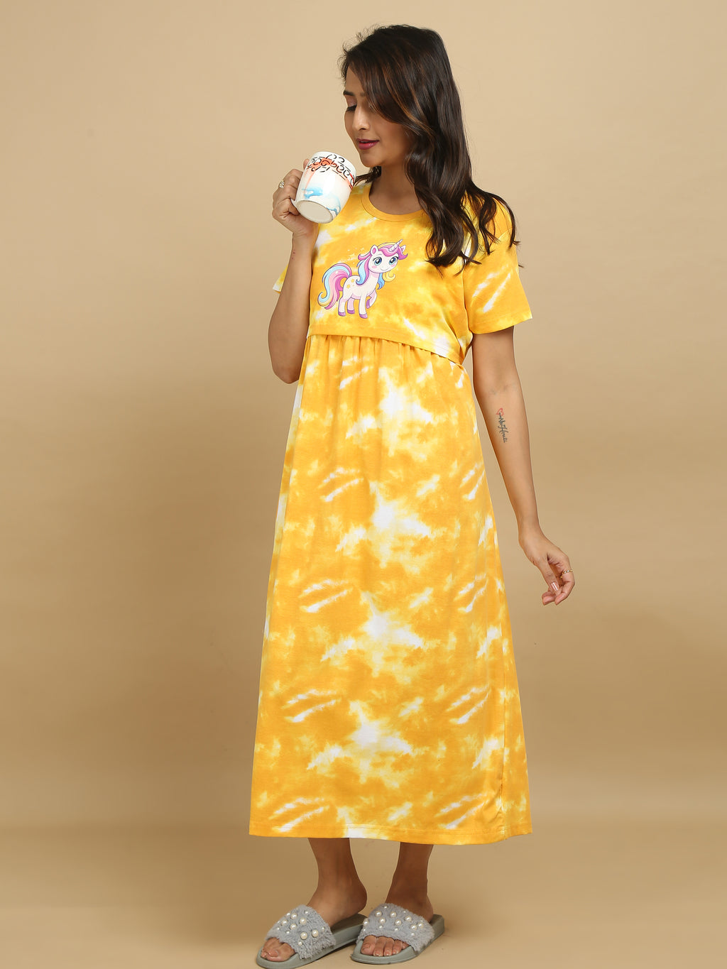 Zipless Feeding Maternity Dress - Yellow Tie - Dye Unicorn Print