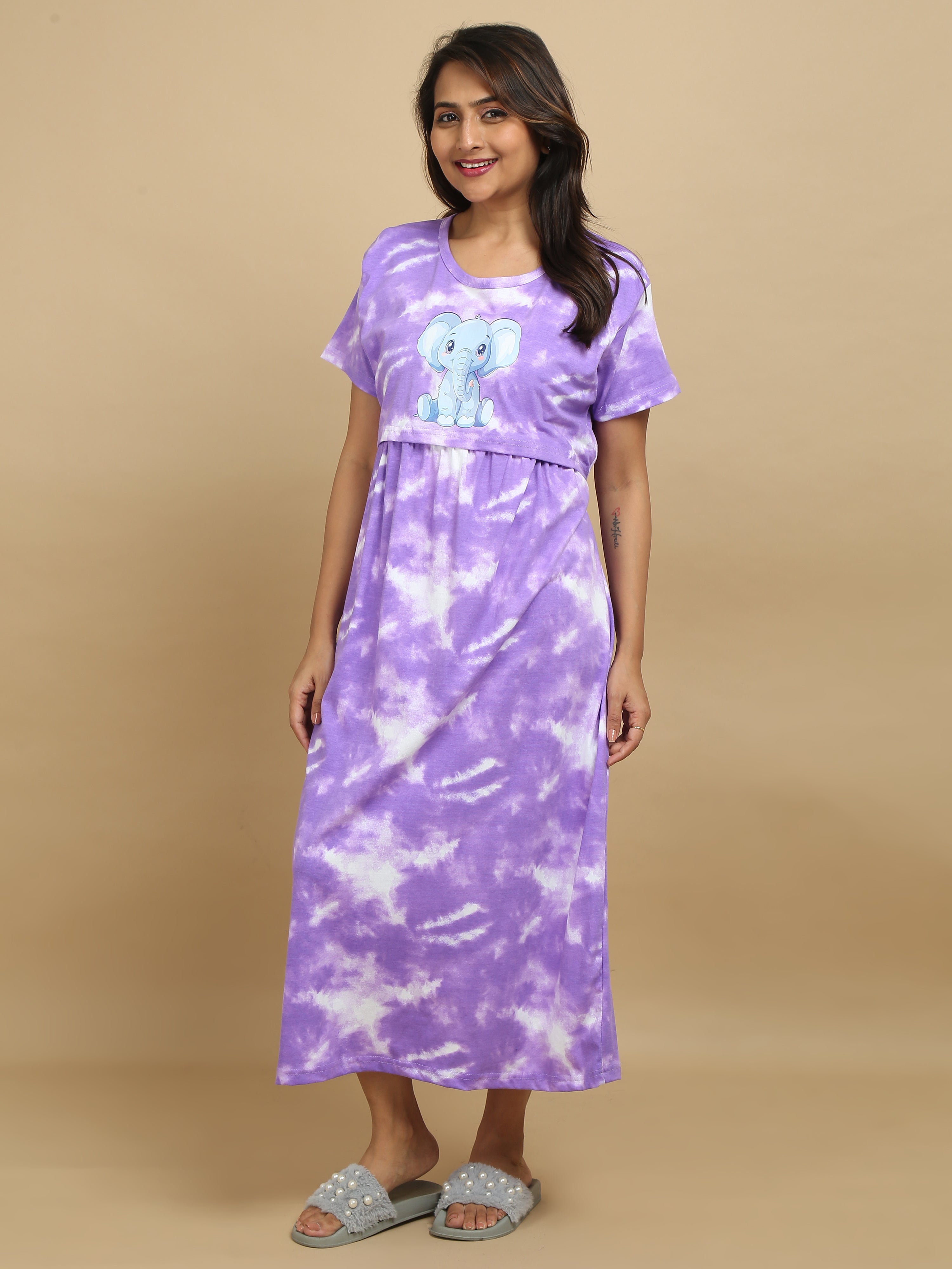 Zipless Feeding Maternity Dress with Elephant Print - Tie & Dye – Purple