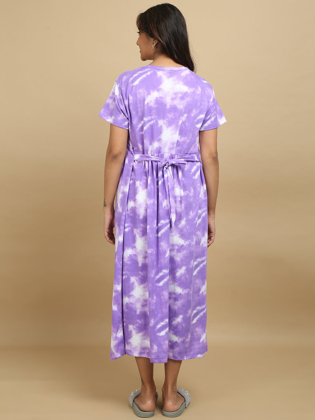 Zipless Feeding Maternity Dress with Elephant Print - Tie & Dye – Purple