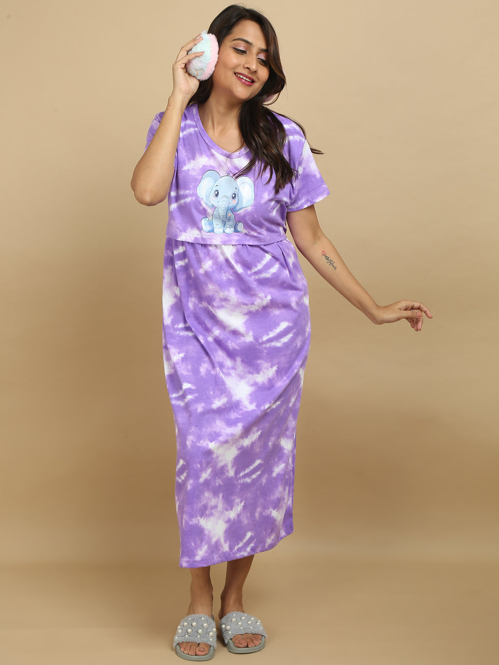 Zipless Feeding Maternity Dress with Elephant Print - Tie & Dye – Purple