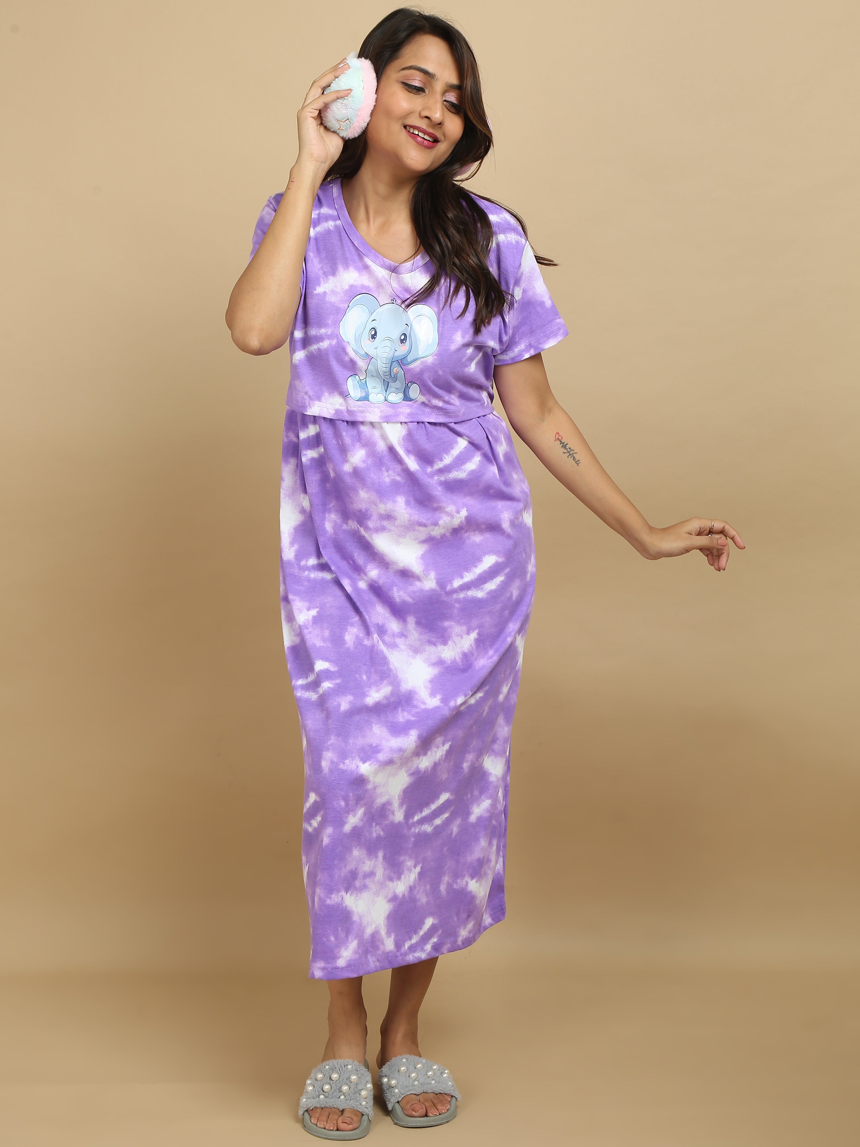 Zipless Feeding Maternity Dress with Elephant Print - Tie & Dye – Purple