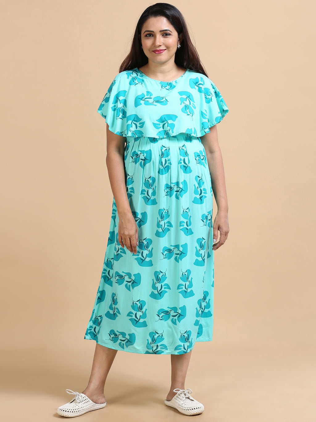 Women Aqua Blue Floral Printed Detachable Dupatta Dress