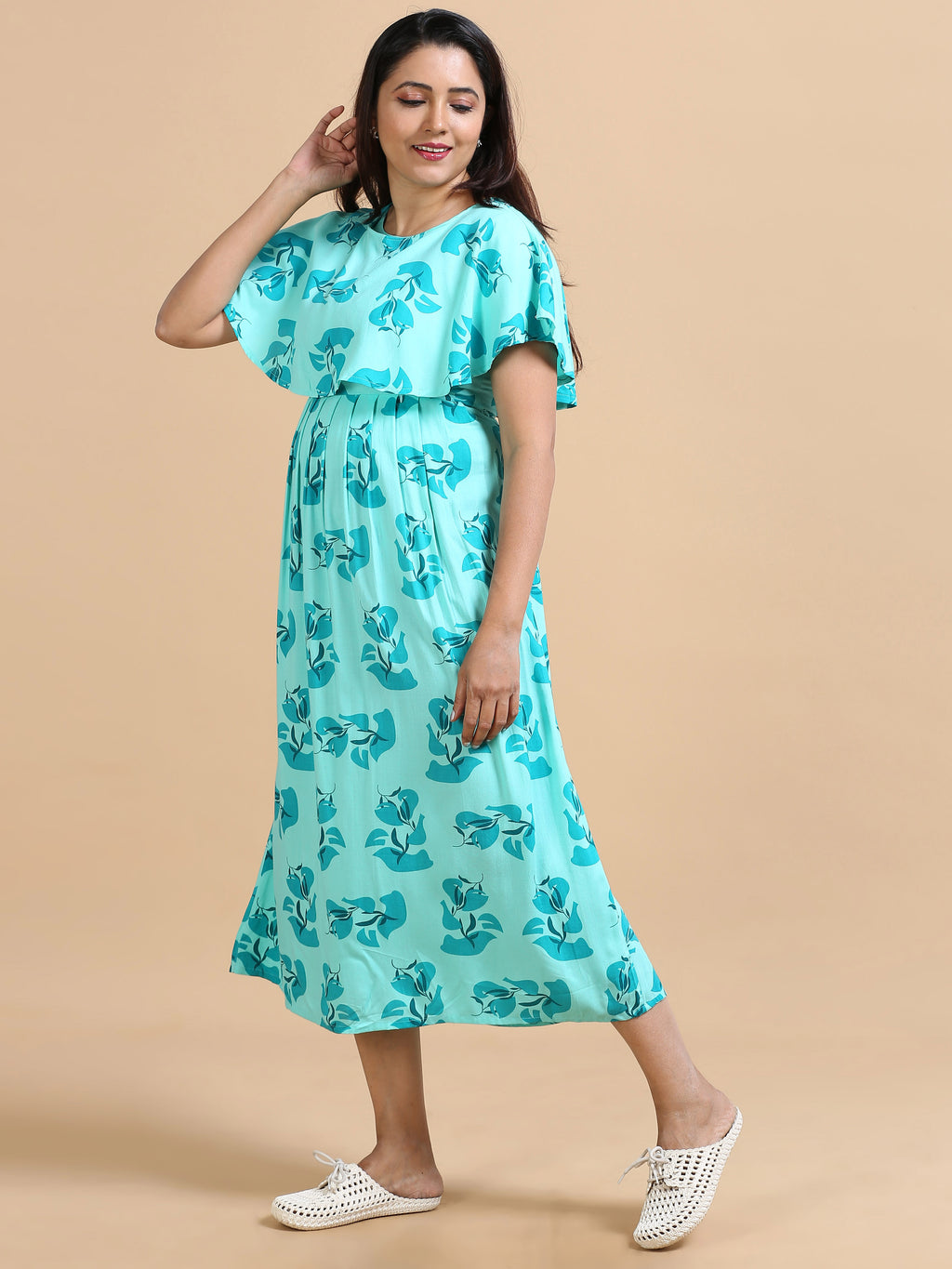 Women Aqua Blue Floral Printed Detachable Dupatta Dress