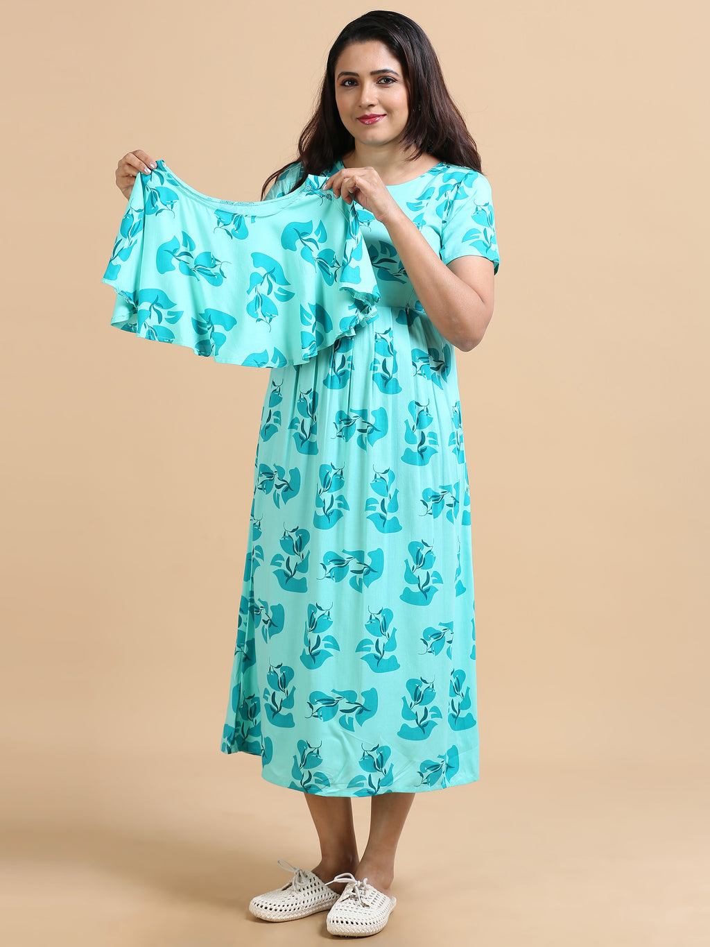 Women Aqua Blue Floral Printed Detachable Dupatta Dress