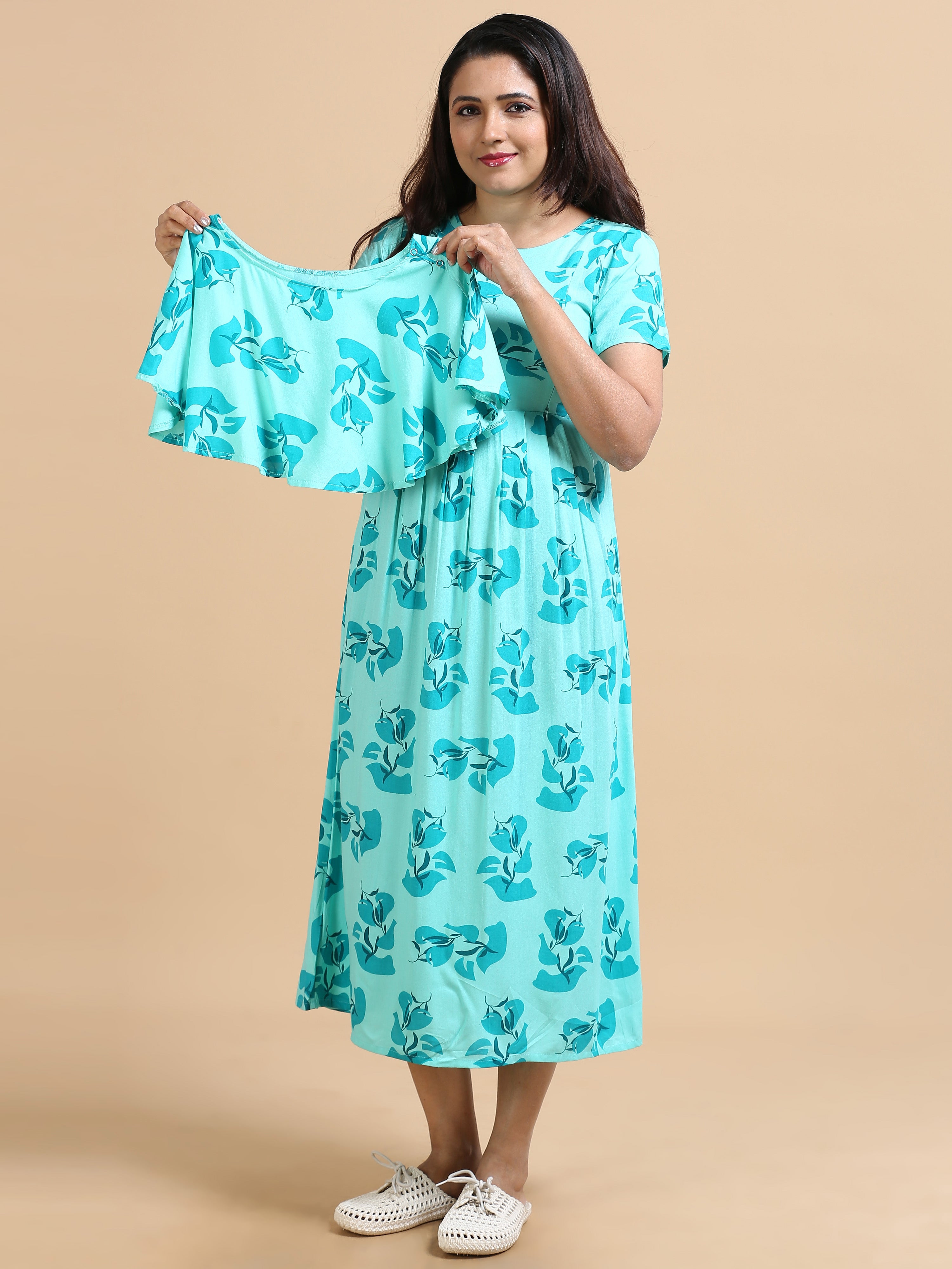 Women Aqua Blue Floral Printed Detachable Dupatta Dress