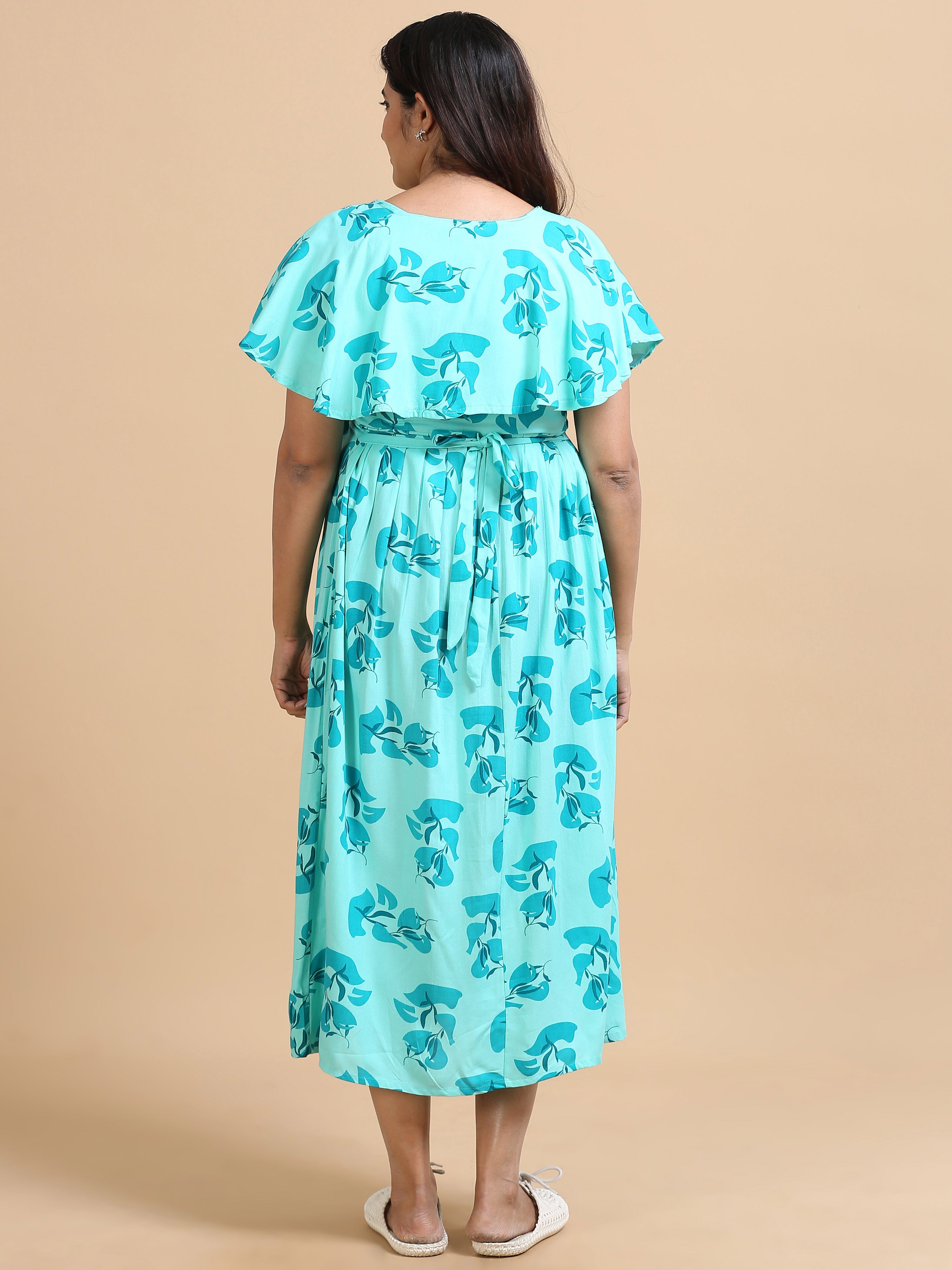 Women Aqua Blue Floral Printed Detachable Dupatta Dress