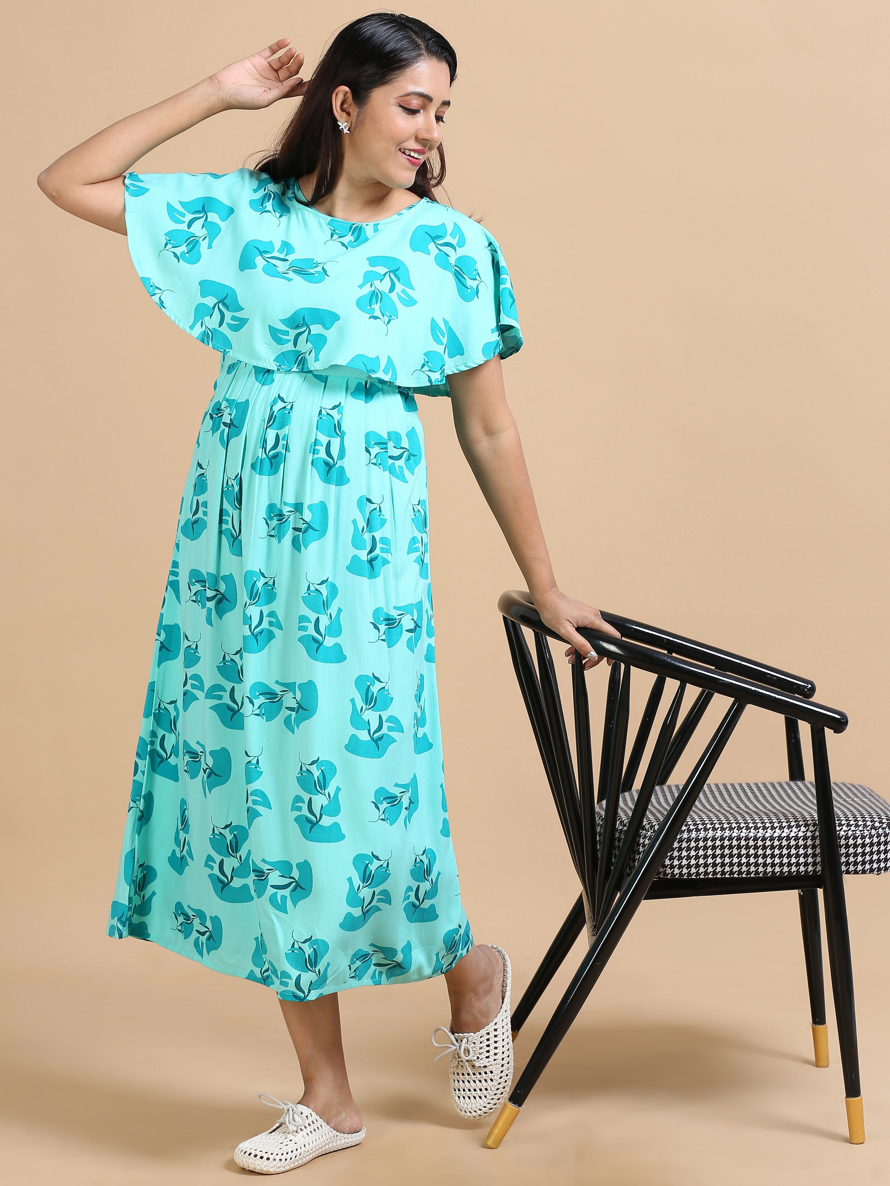 Women Aqua Blue Floral Printed Detachable Dupatta Dress