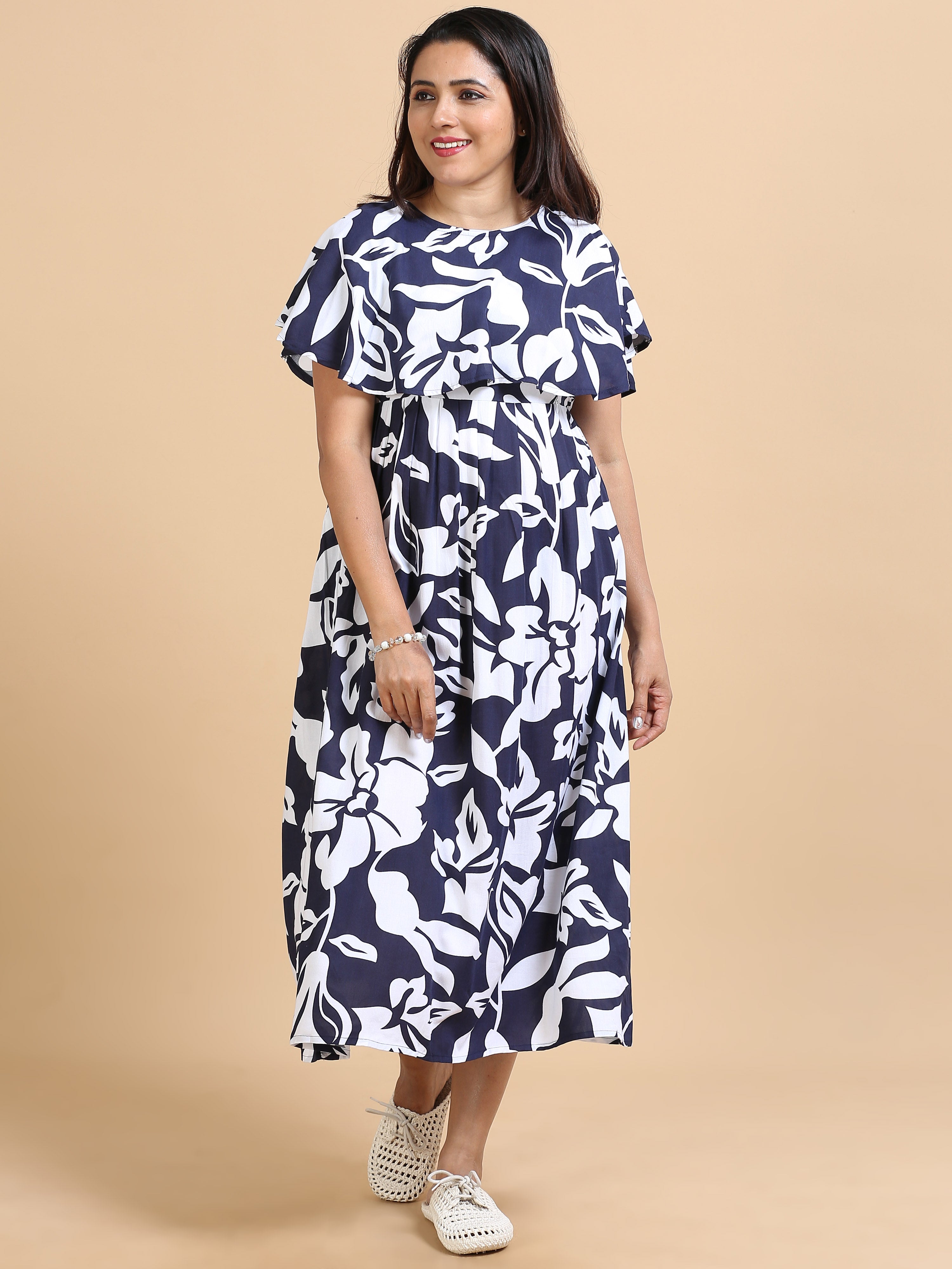 Navy Blue Floral Printed Detachable Dupatta Dress