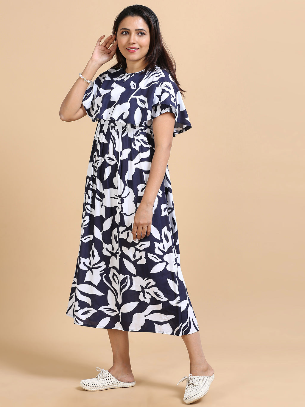 Navy Blue Floral Printed Detachable Dupatta Dress