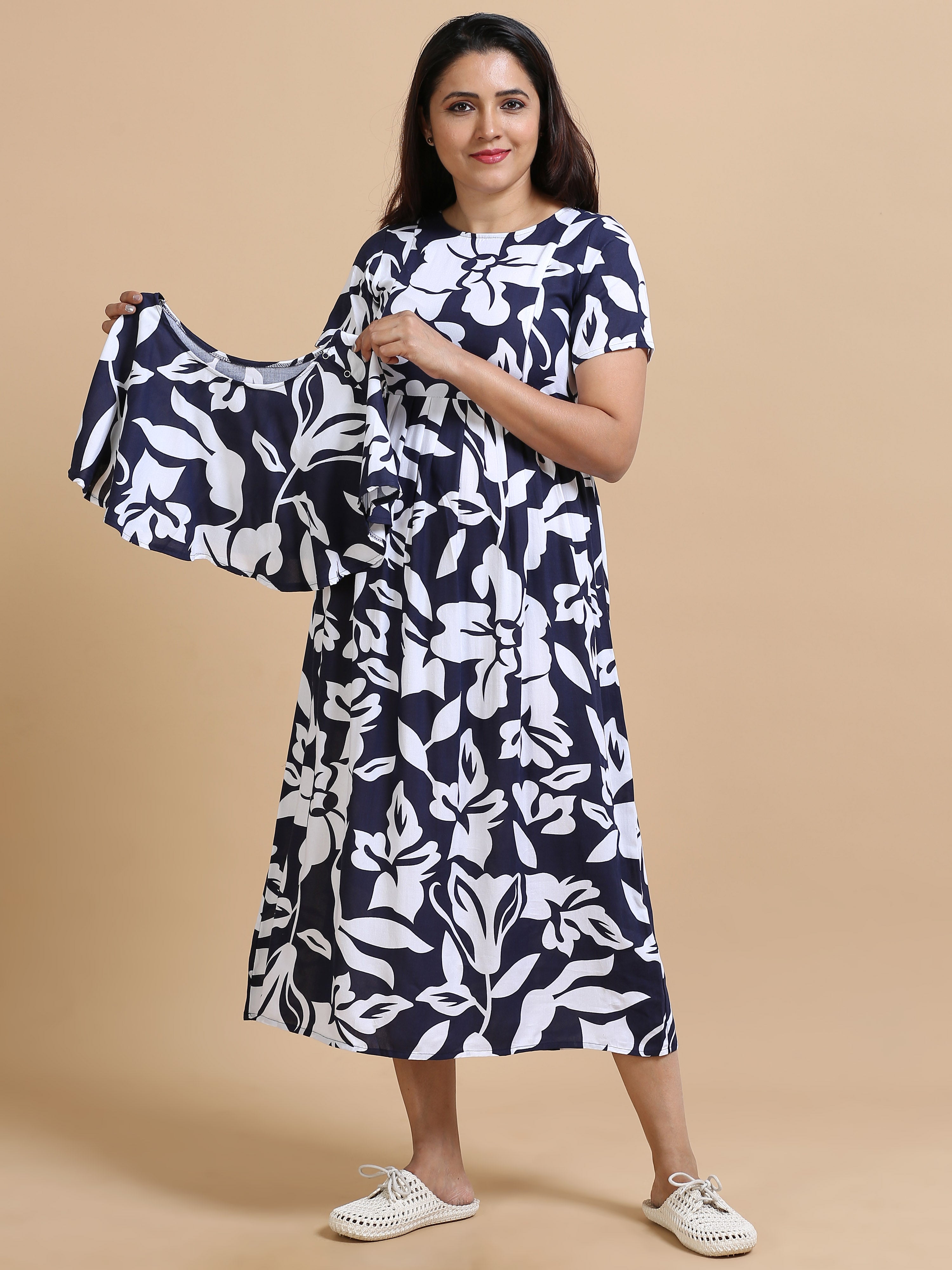 Navy Blue Floral Printed Detachable Dupatta Dress