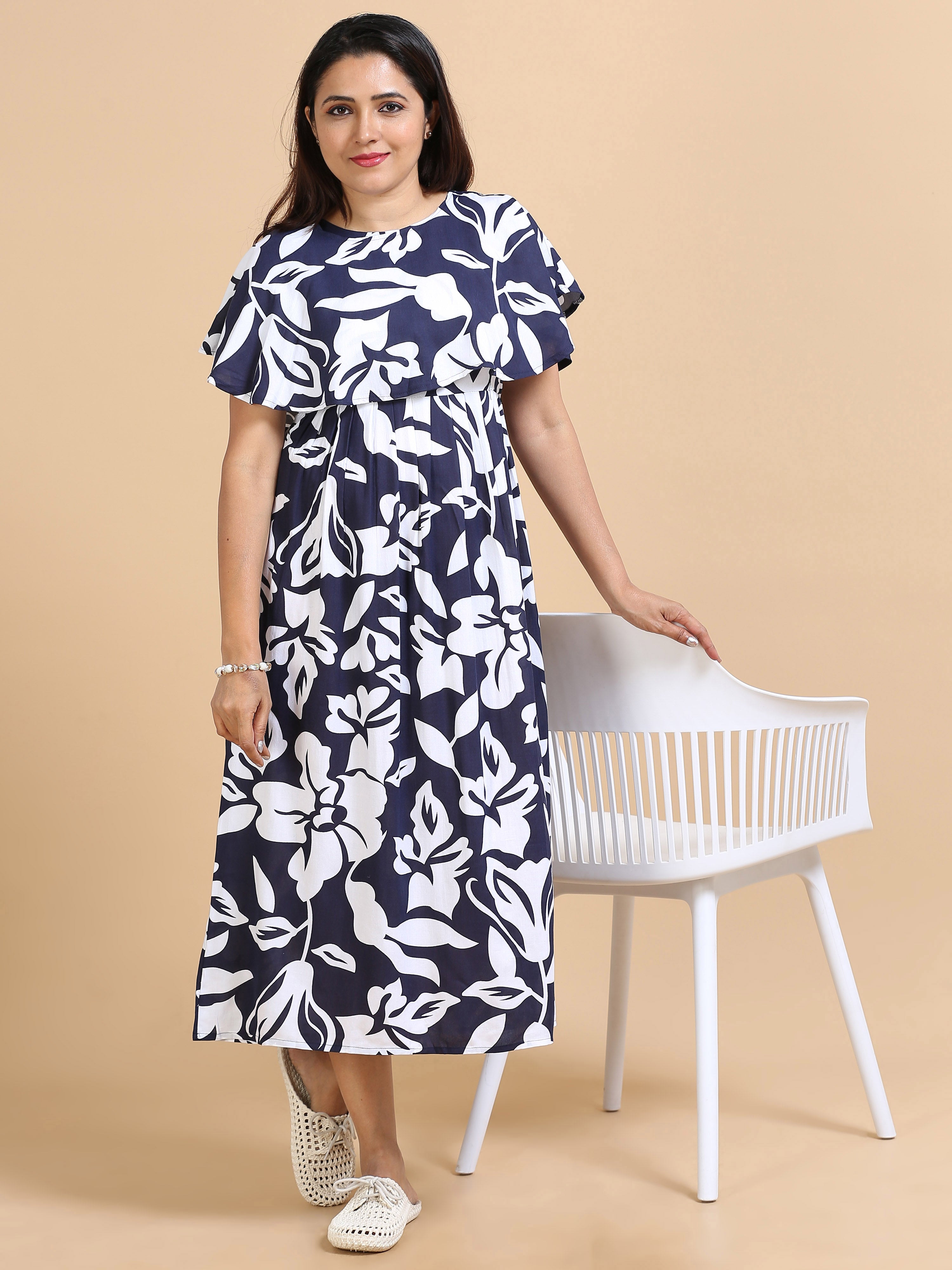 Navy Blue Floral Printed Detachable Dupatta Dress