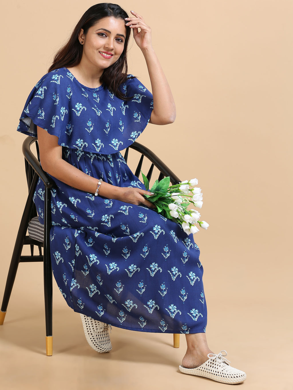Women Maternity Friendly Navy Blue Floral Printed Detachable Dupatta Dress