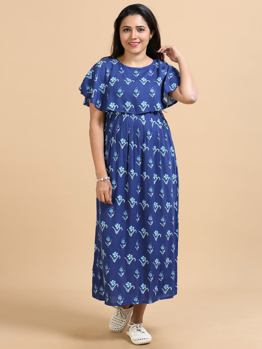 Women Maternity Friendly Navy Blue Floral Printed Detachable Dupatta Dress
