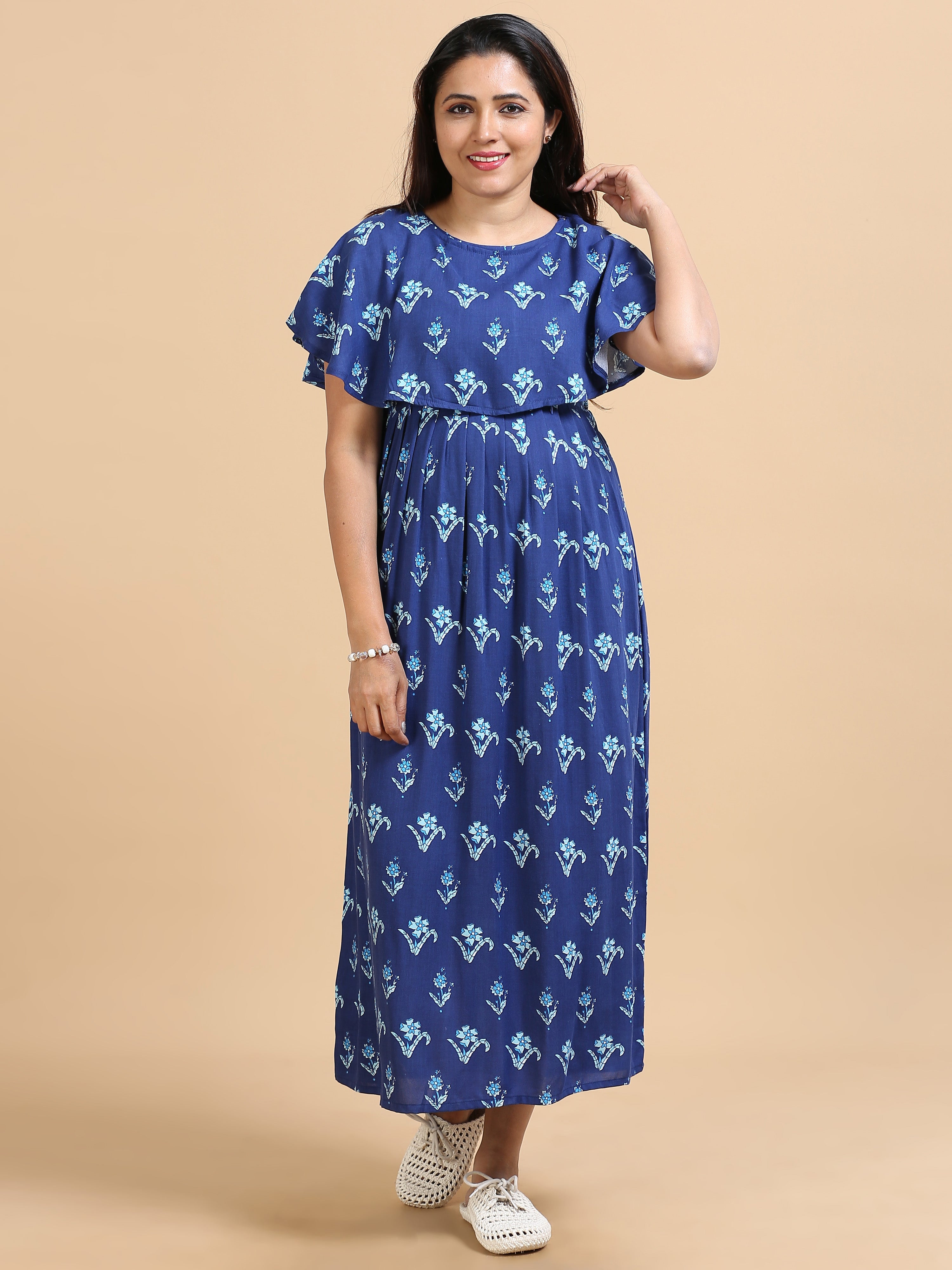 Women Maternity Friendly Navy Blue Floral Printed Detachable Dupatta Dress