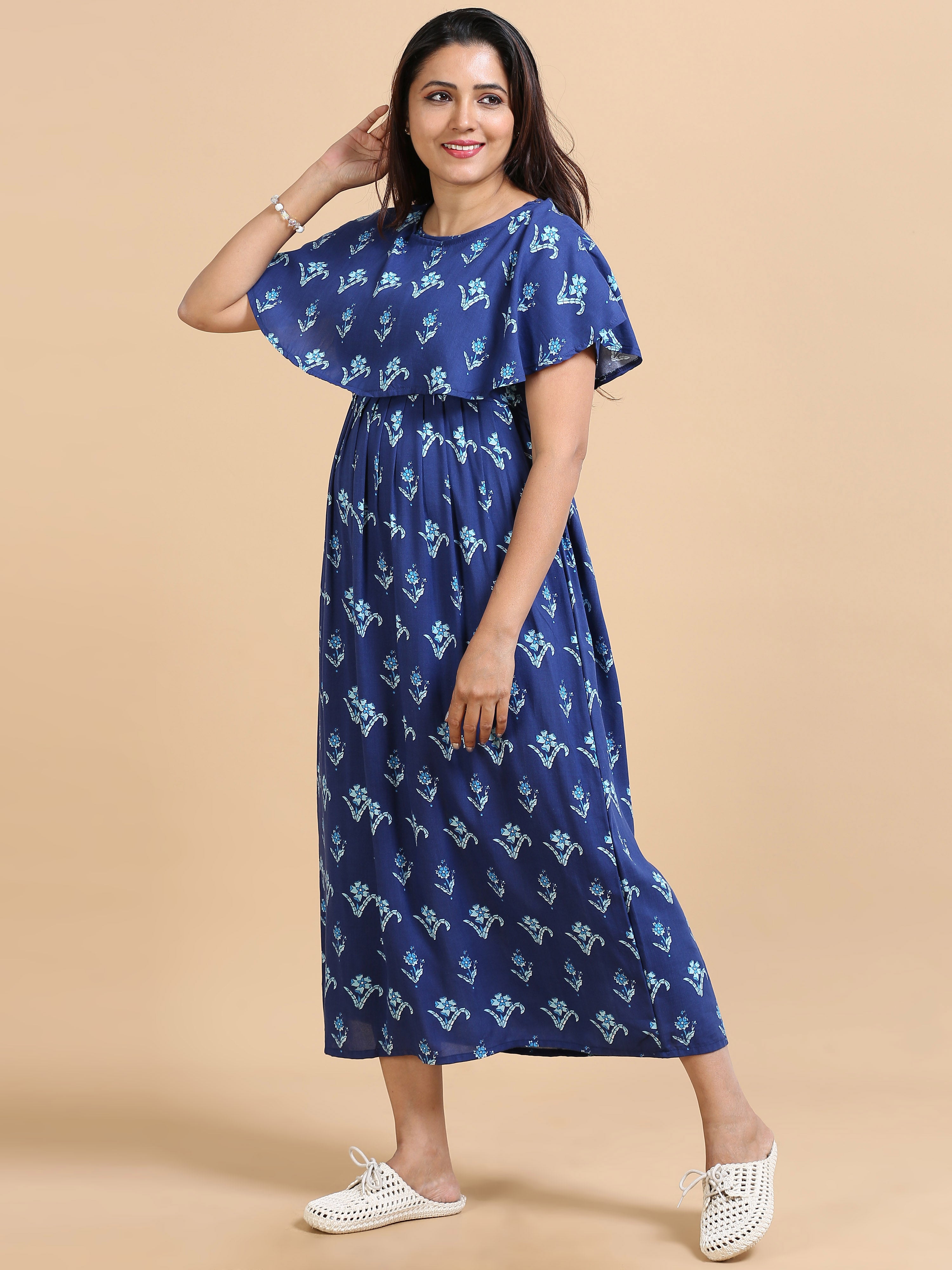 Women Maternity Friendly Navy Blue Floral Printed Detachable Dupatta Dress
