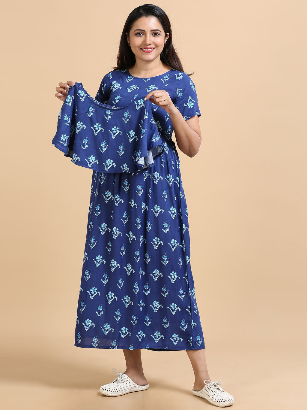Women Maternity Friendly Navy Blue Floral Printed Detachable Dupatta Dress
