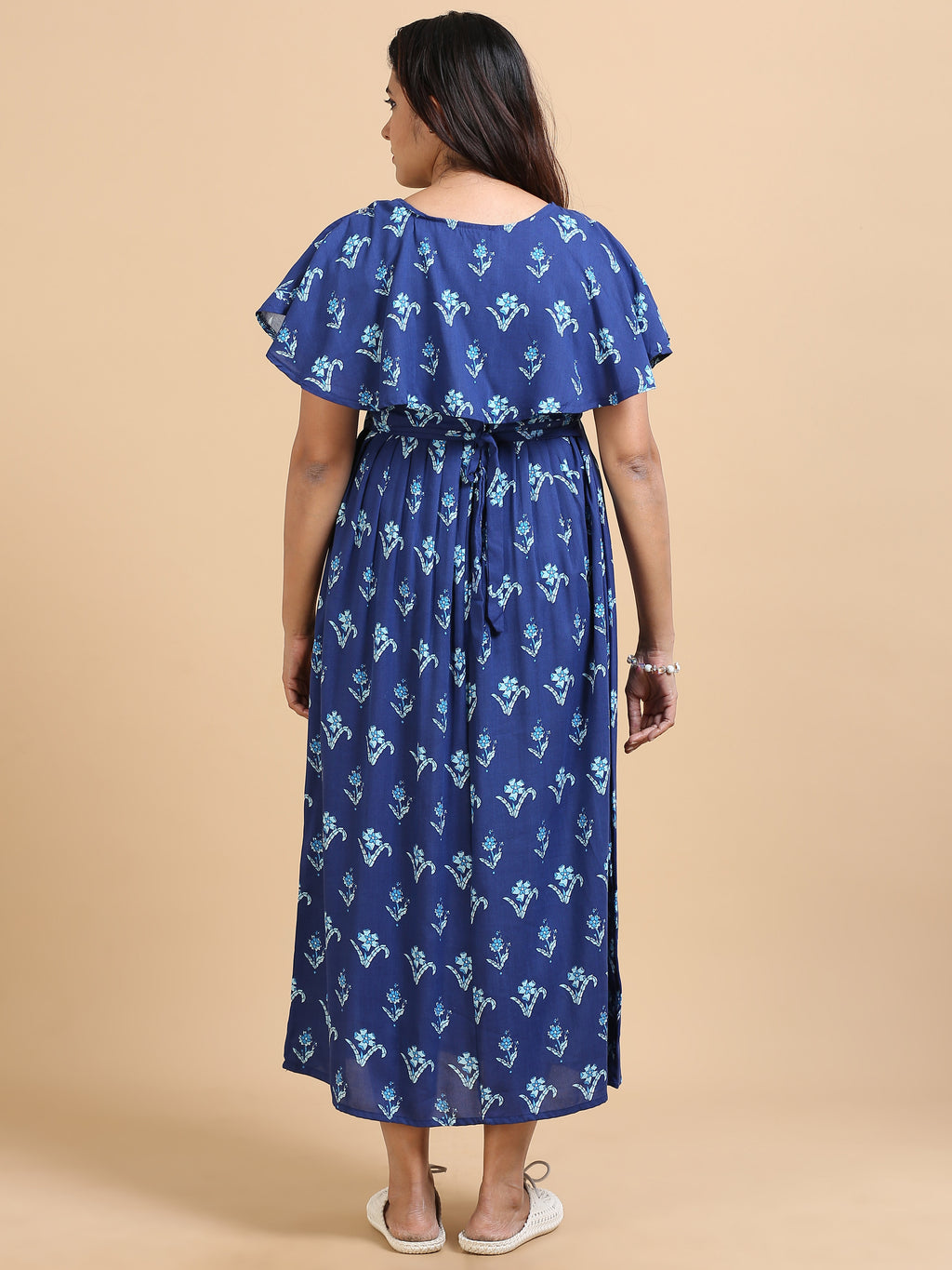 Women Maternity Friendly Navy Blue Floral Printed Detachable Dupatta Dress
