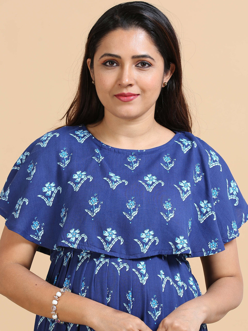 Women Maternity Friendly Navy Blue Floral Printed Detachable Dupatta Dress