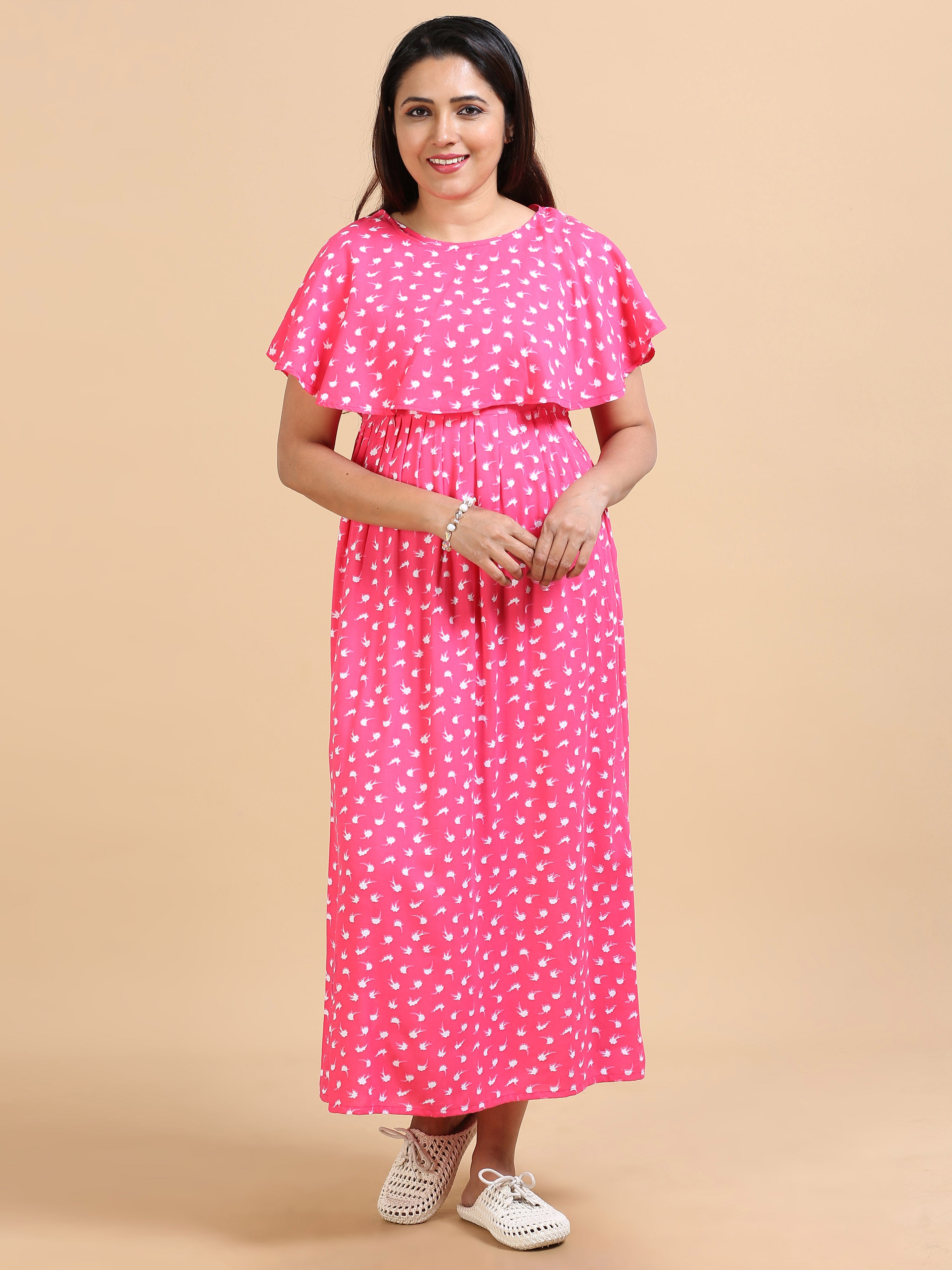 Women Pink Bird Printed Detachable Dupatta Dress