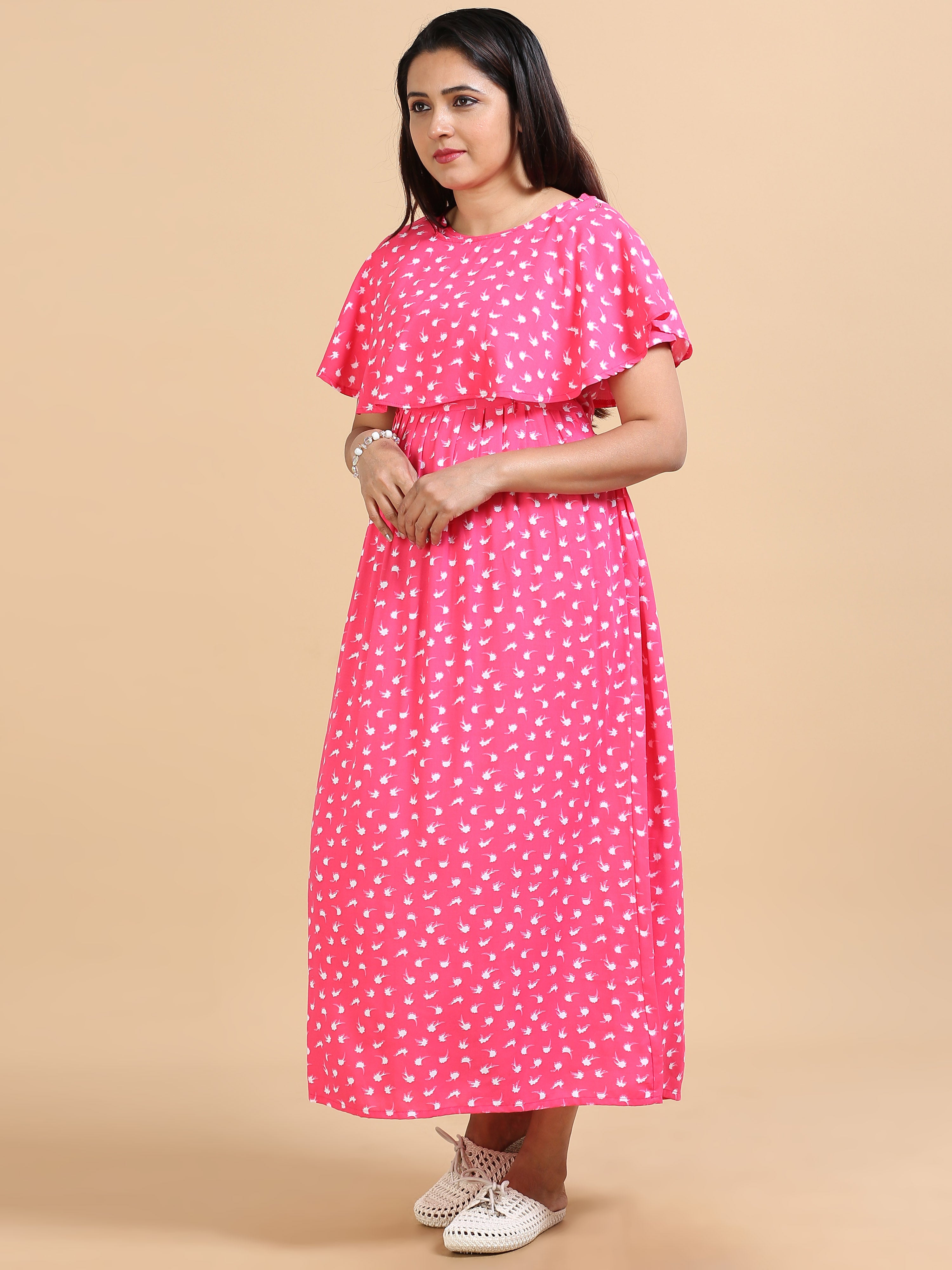 Women Pink Bird Printed Detachable Dupatta Dress