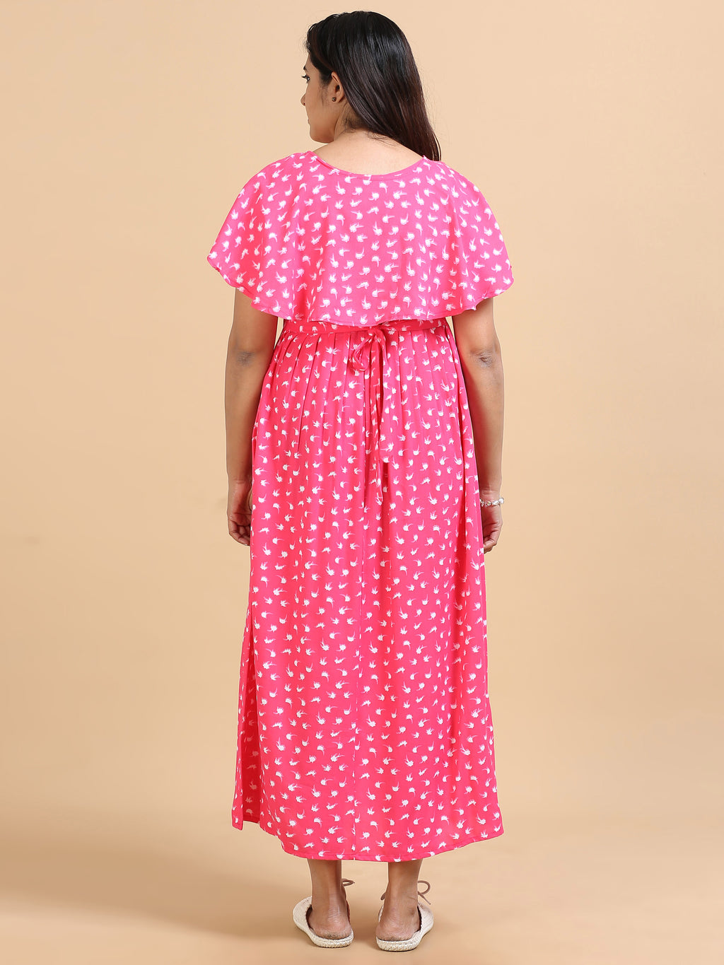 Women Pink Bird Printed Detachable Dupatta Dress