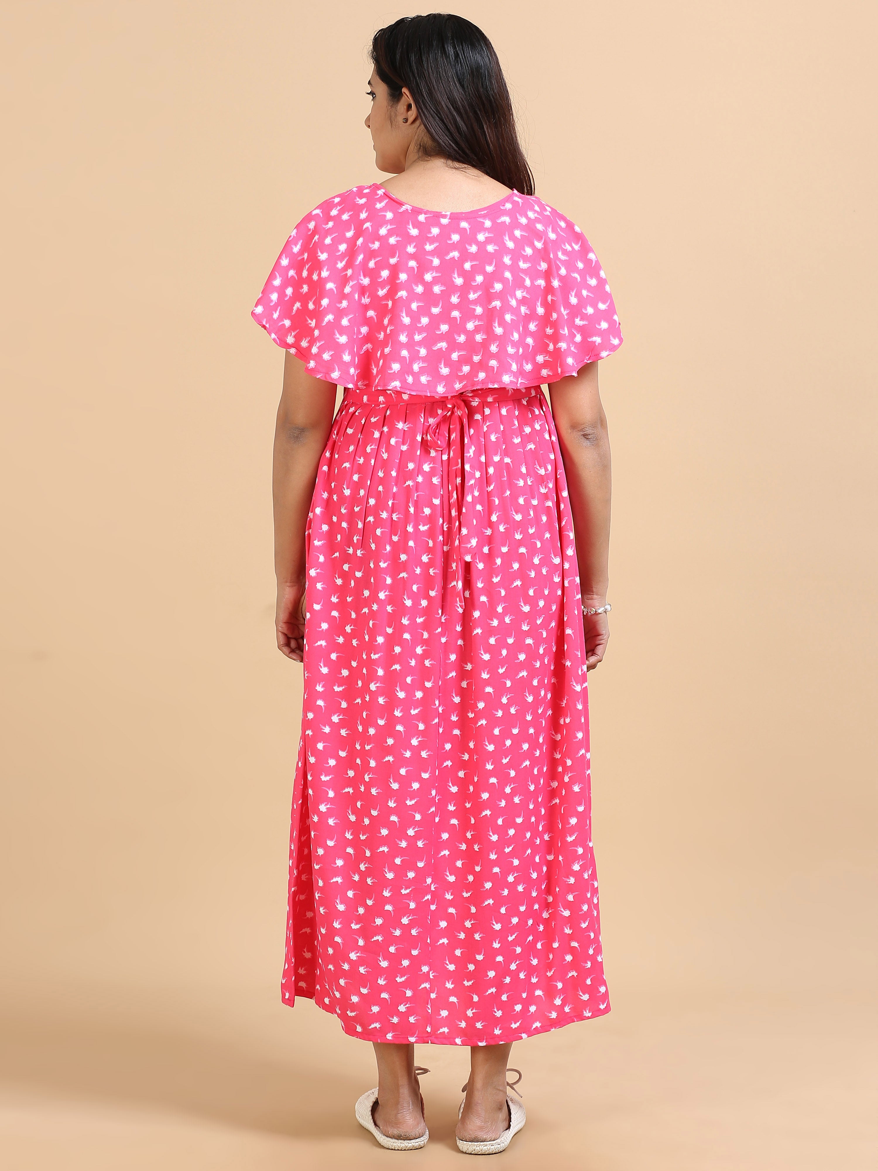 Women Pink Bird Printed Detachable Dupatta Dress