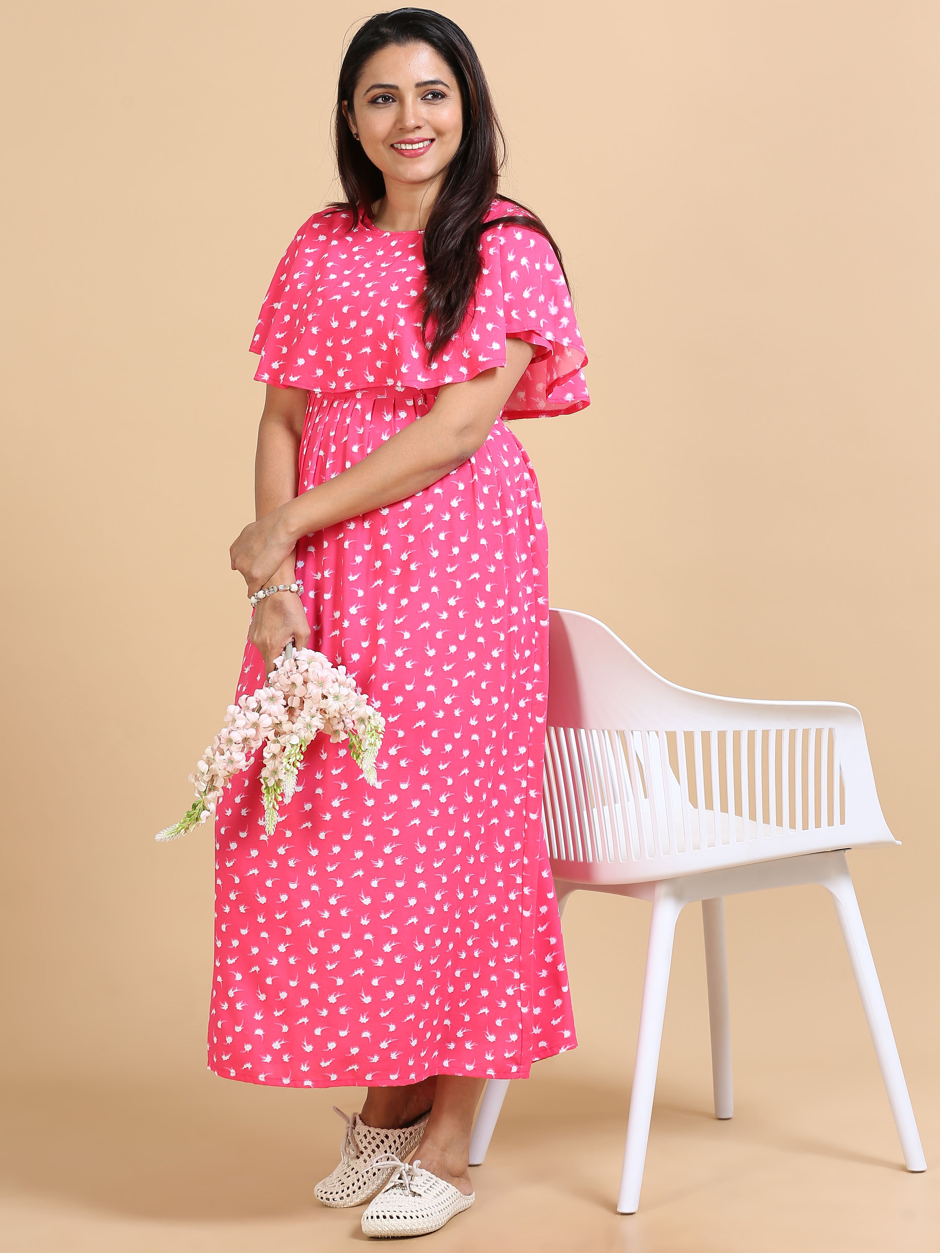 Women Pink Bird Printed Detachable Dupatta Dress