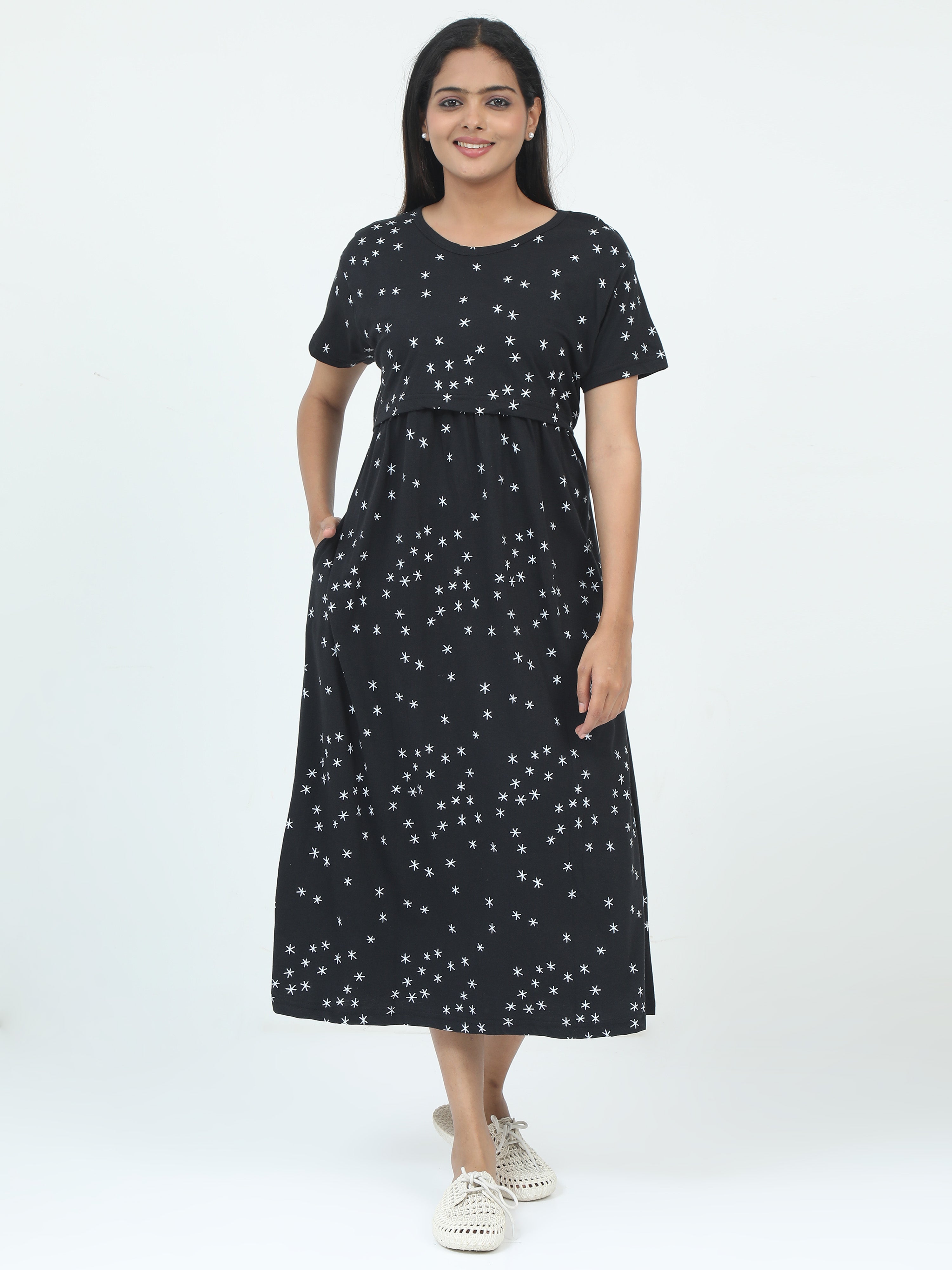 Non Feeding Casual Dress - Black - Star Print