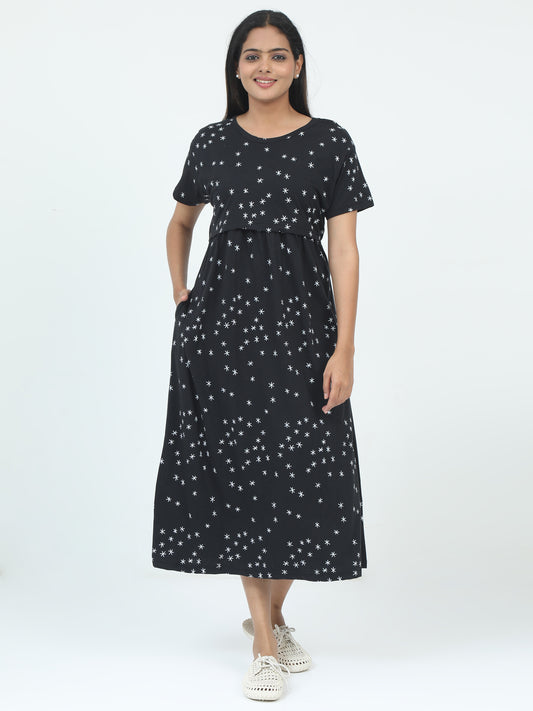 Zipless Feeding Maternity Dress - Black - Star Print