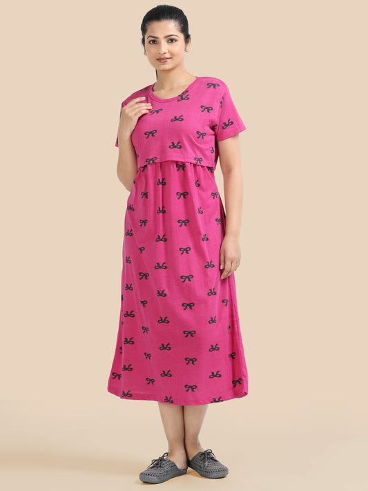 Zipless Feeding Maternity Dress - Stylish Pink - Easy Nursing