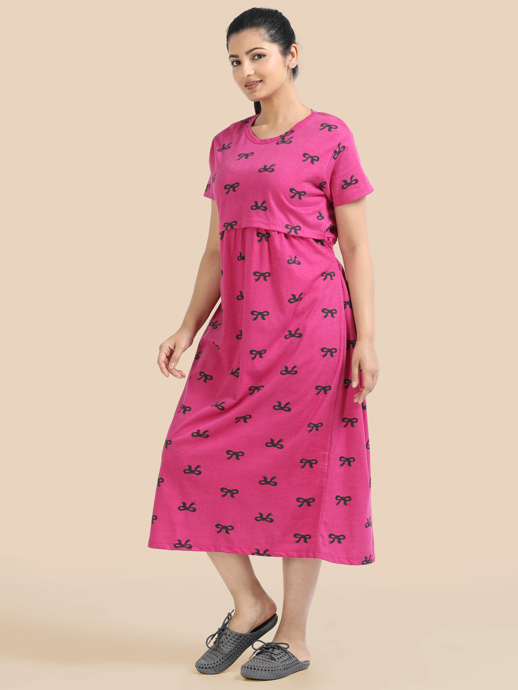Zipless Feeding Maternity Dress - Stylish Pink - Easy Nursing