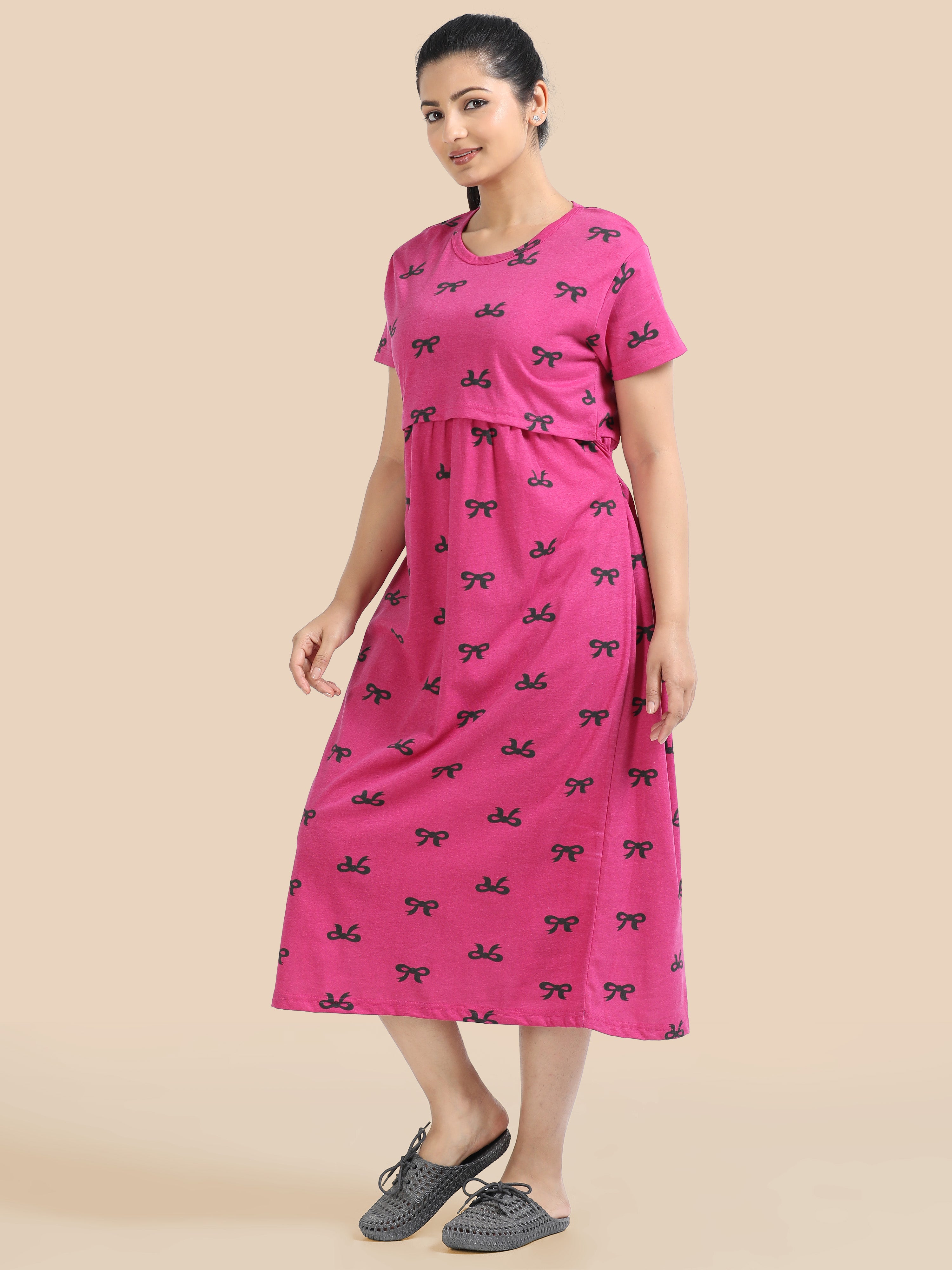 Zipless Feeding Maternity Dress - Stylish Pink - Easy Nursing