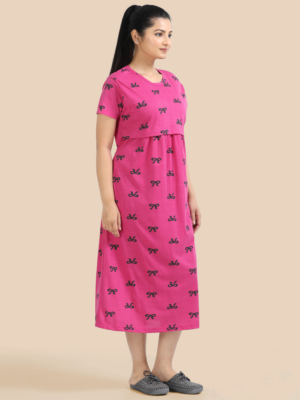Zipless Feeding Maternity Dress - Stylish Pink - Easy Nursing