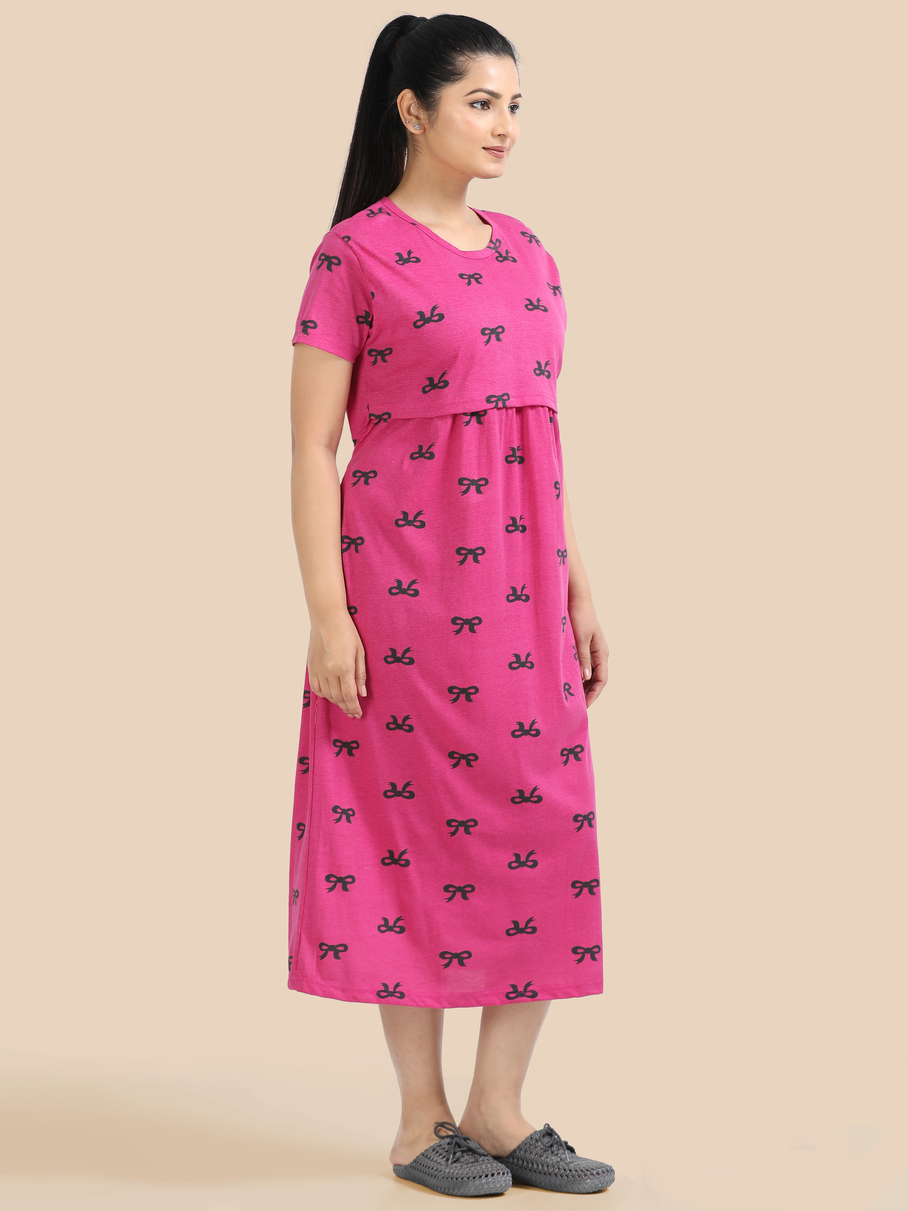 Zipless Feeding Maternity Dress - Stylish Pink - Easy Nursing